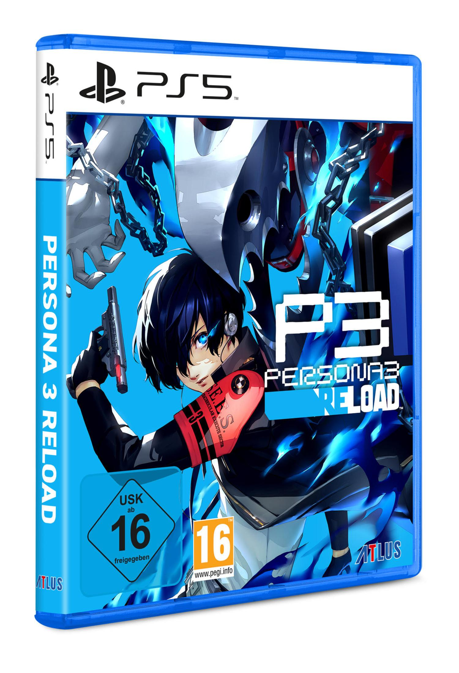 PS5-Spielhülle: Persona 3 Reload. Figur vorne, blaue Hülle, mit Spieletitel.
