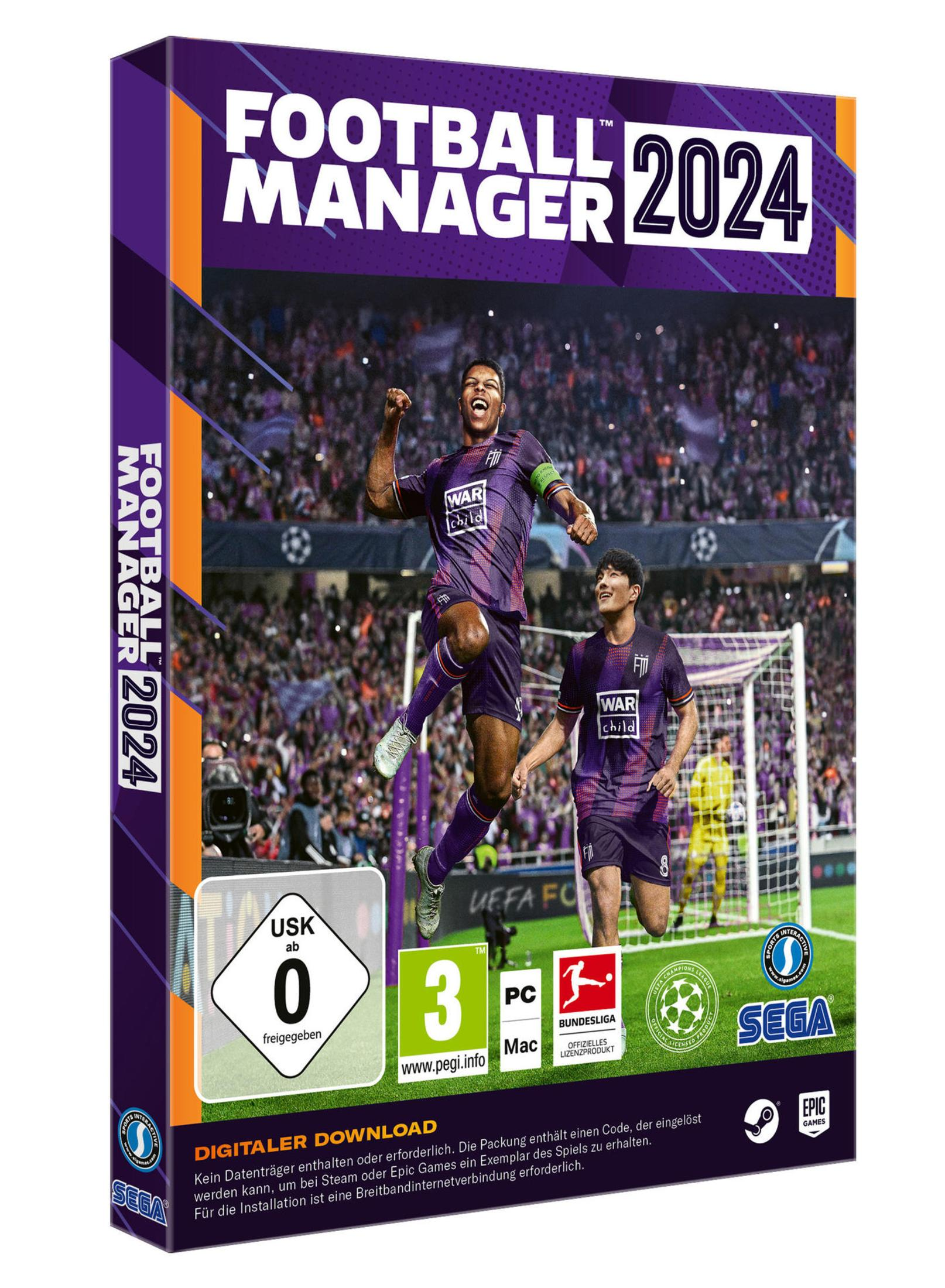 Pudełko gry Football Manager 2024. Piłkarze świętują na okładce. Fioletowe i pomarańczowe kolory.