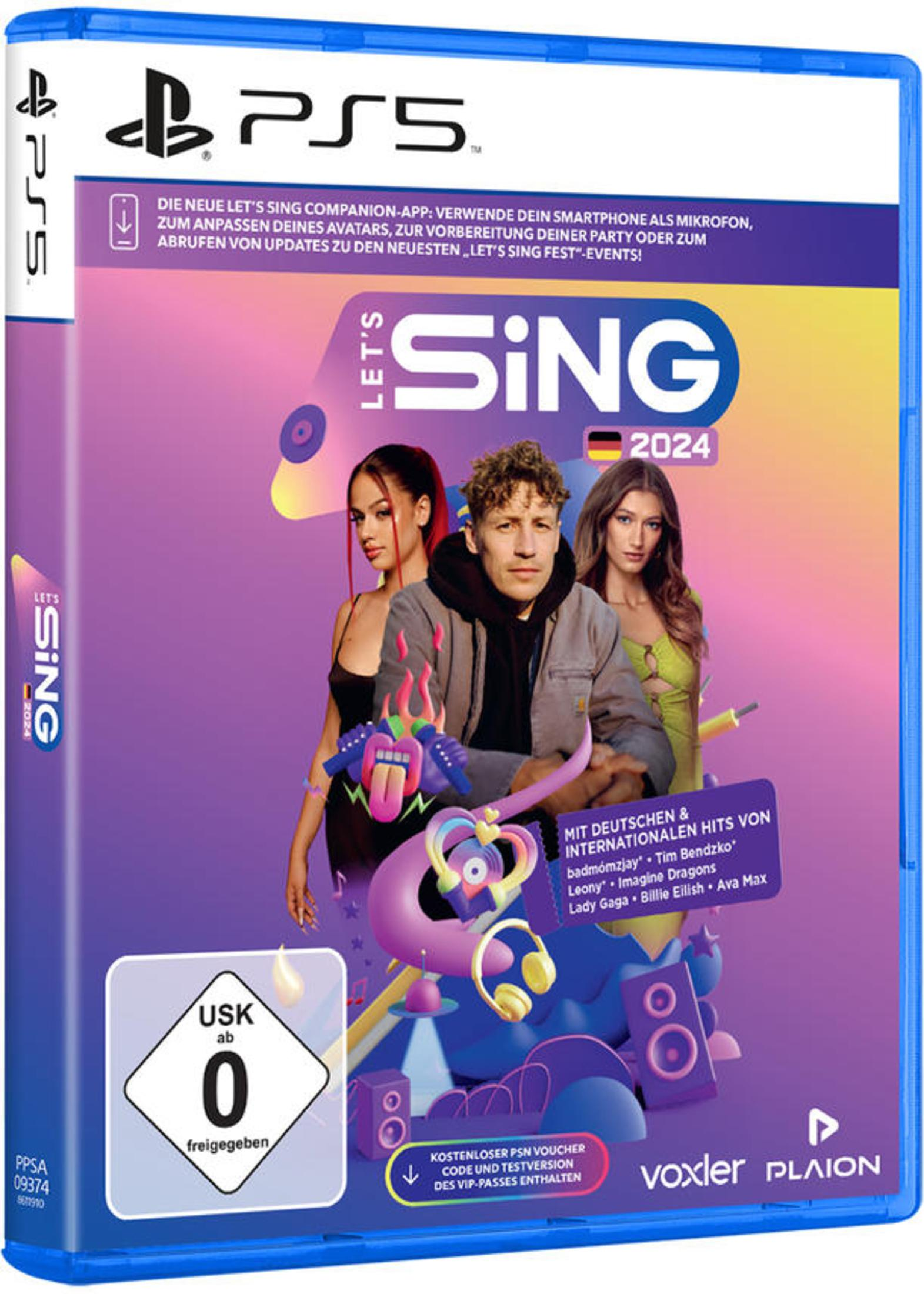 PS5-Spielcover für Let's Sing 2024, mit Sängern und Spieldetails.