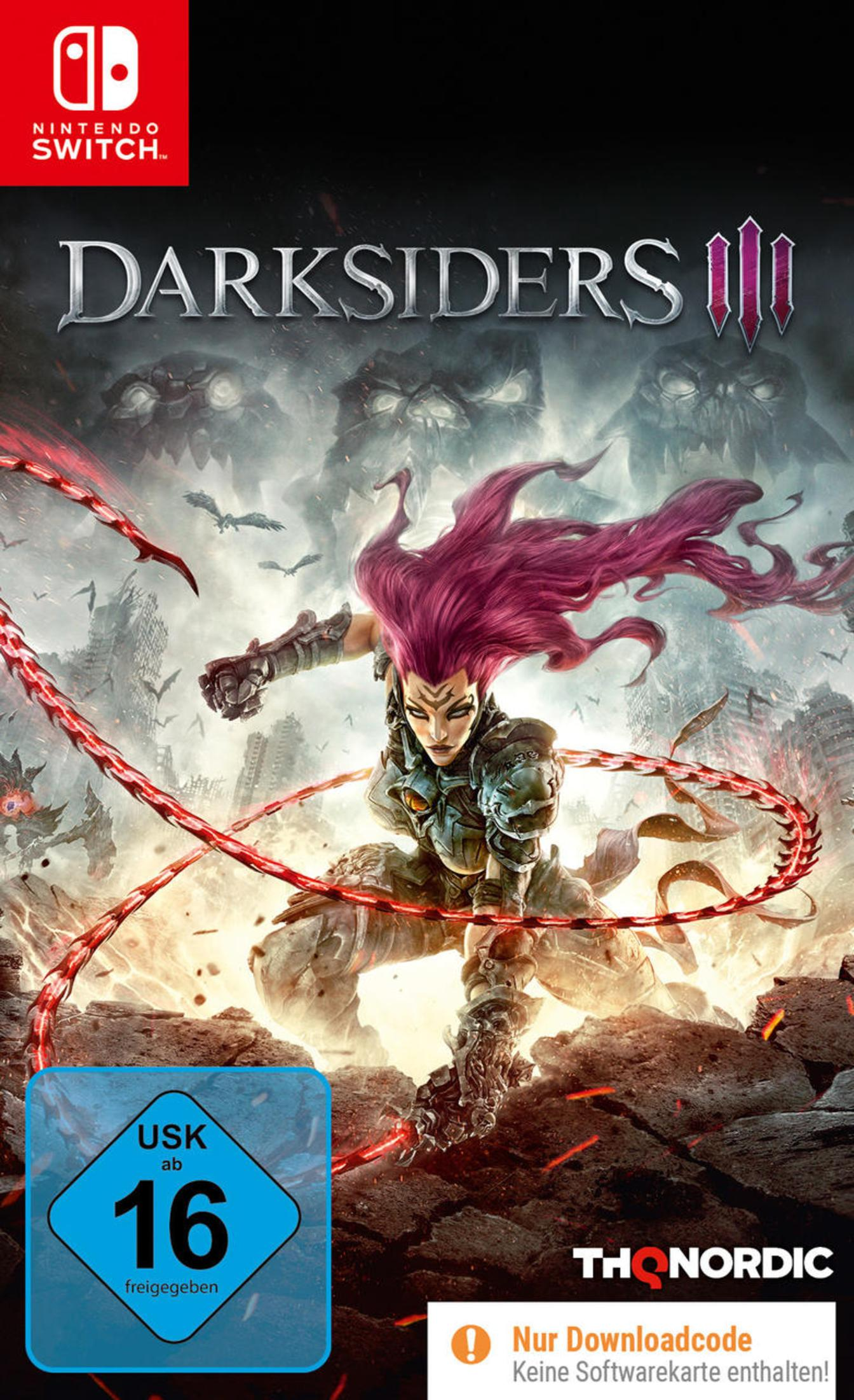 Darksiders III Spielcover. Frau mit pinken Haaren, Peitsche, kämpft in einer Stadt.