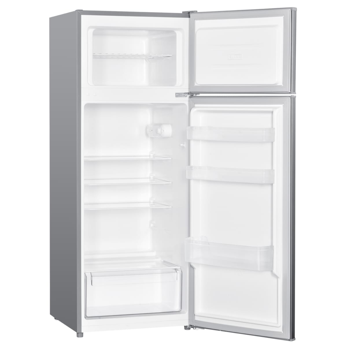 Refrigerador plateado con puertas abiertas, mostrando estantes y un cajón.