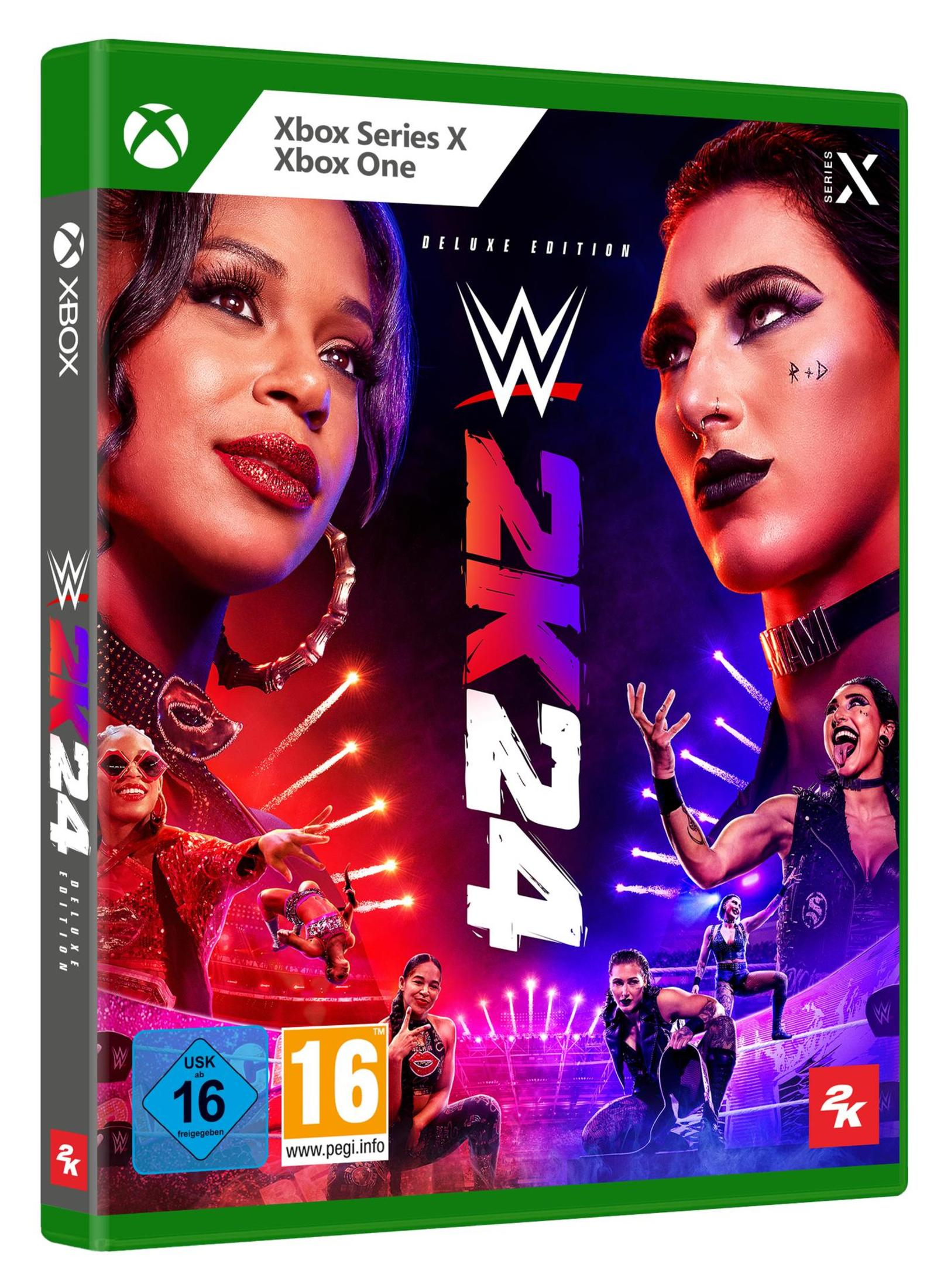 Spielverpackung: WWE 2K24 Deluxe Edition mit zwei Wrestlern. Grünes Gehäuse, farbenfrohes Cover.