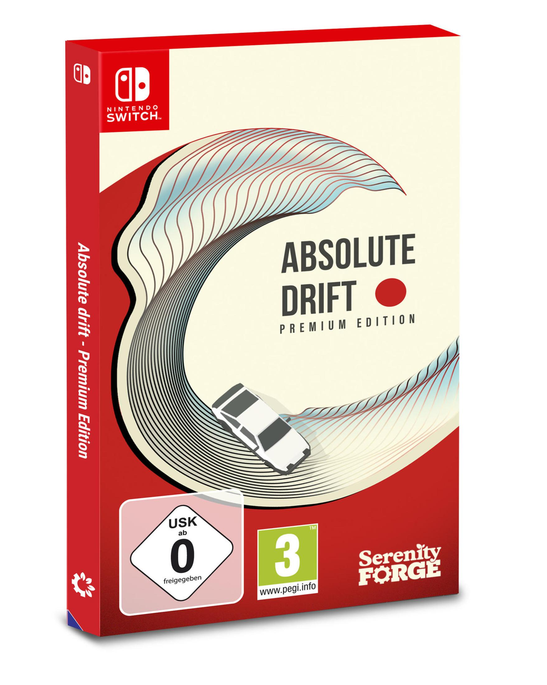 Spielbox von Absolute Drift. Rote und cremefarbene Farben. Bild eines Autos auf dem Cover. Weißer Hintergrund.
