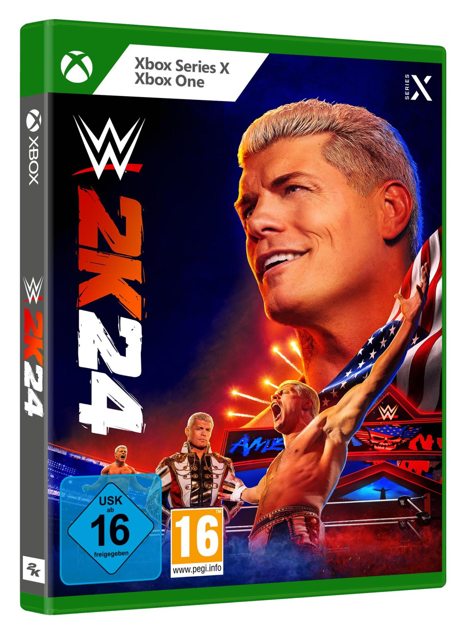 Videospielbox von WWE 2K24 mit Wrestlern auf dem Cover, dem Xbox Series X-Logo.