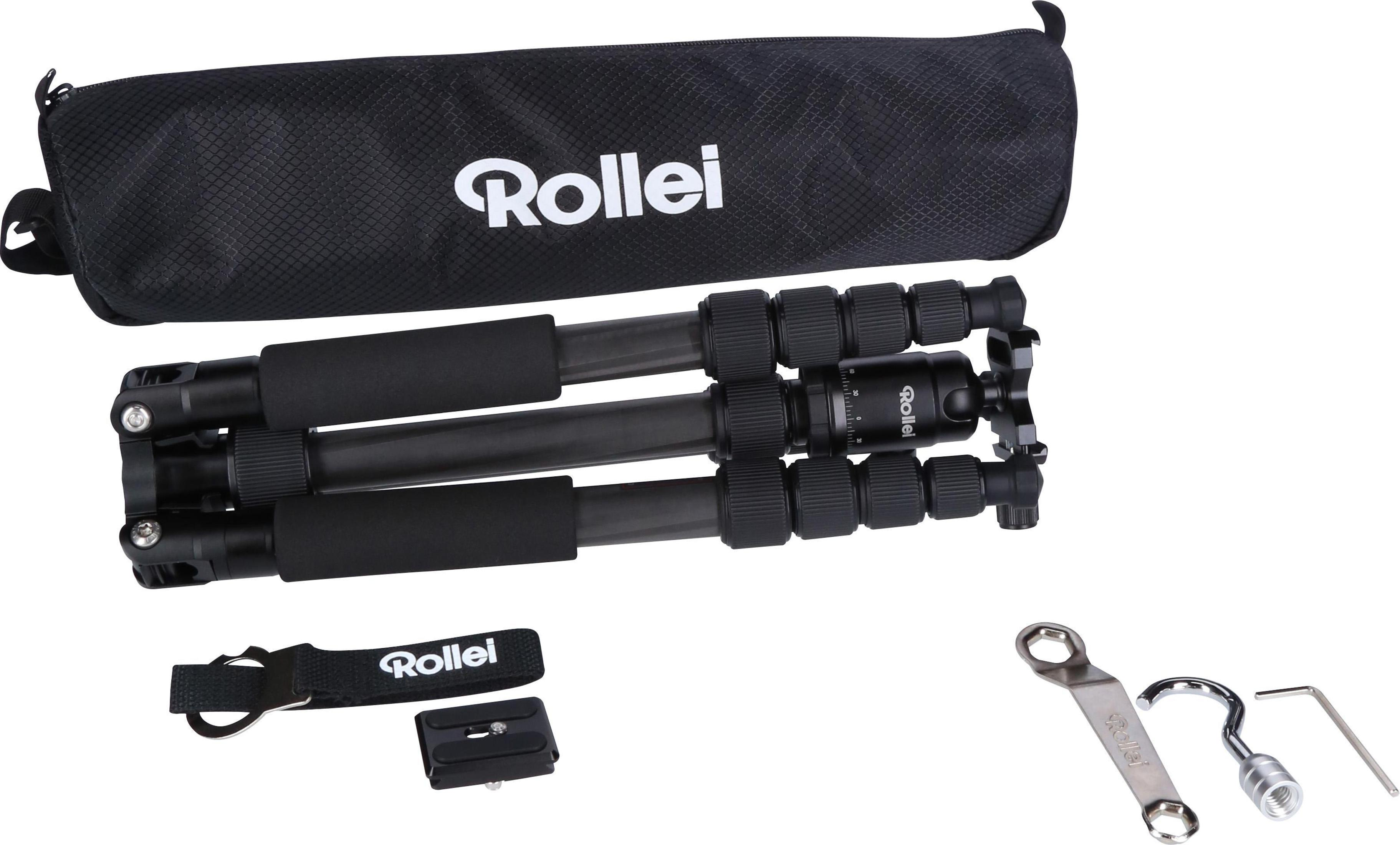 Czarny statyw z futerałem, paskiem i różnymi metalowymi elementami.