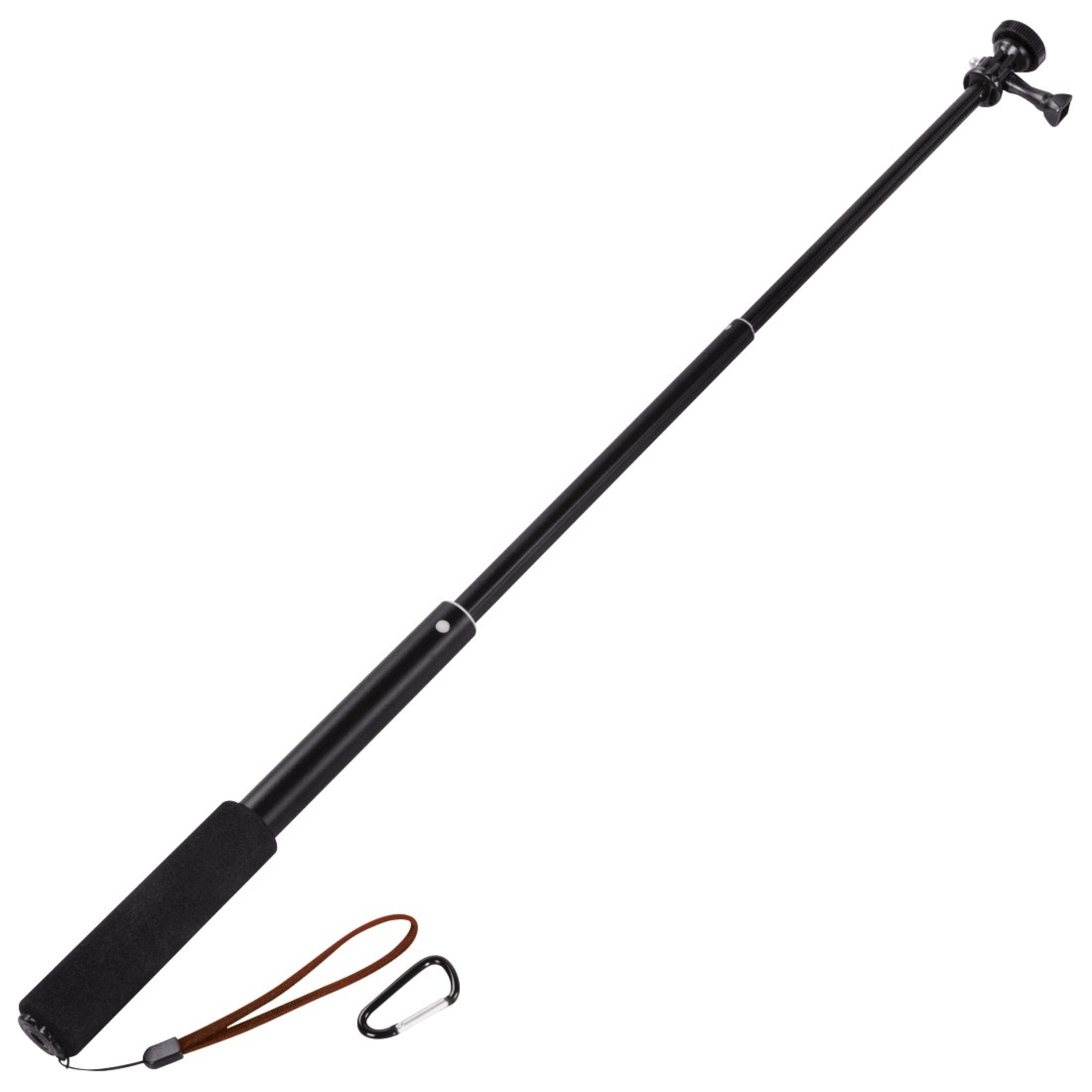 Schwarzer Selfie-Stick, ausziehbar. Der Griff hat einen Schaumstoffgriff mit Umhängeband und Karabiner.