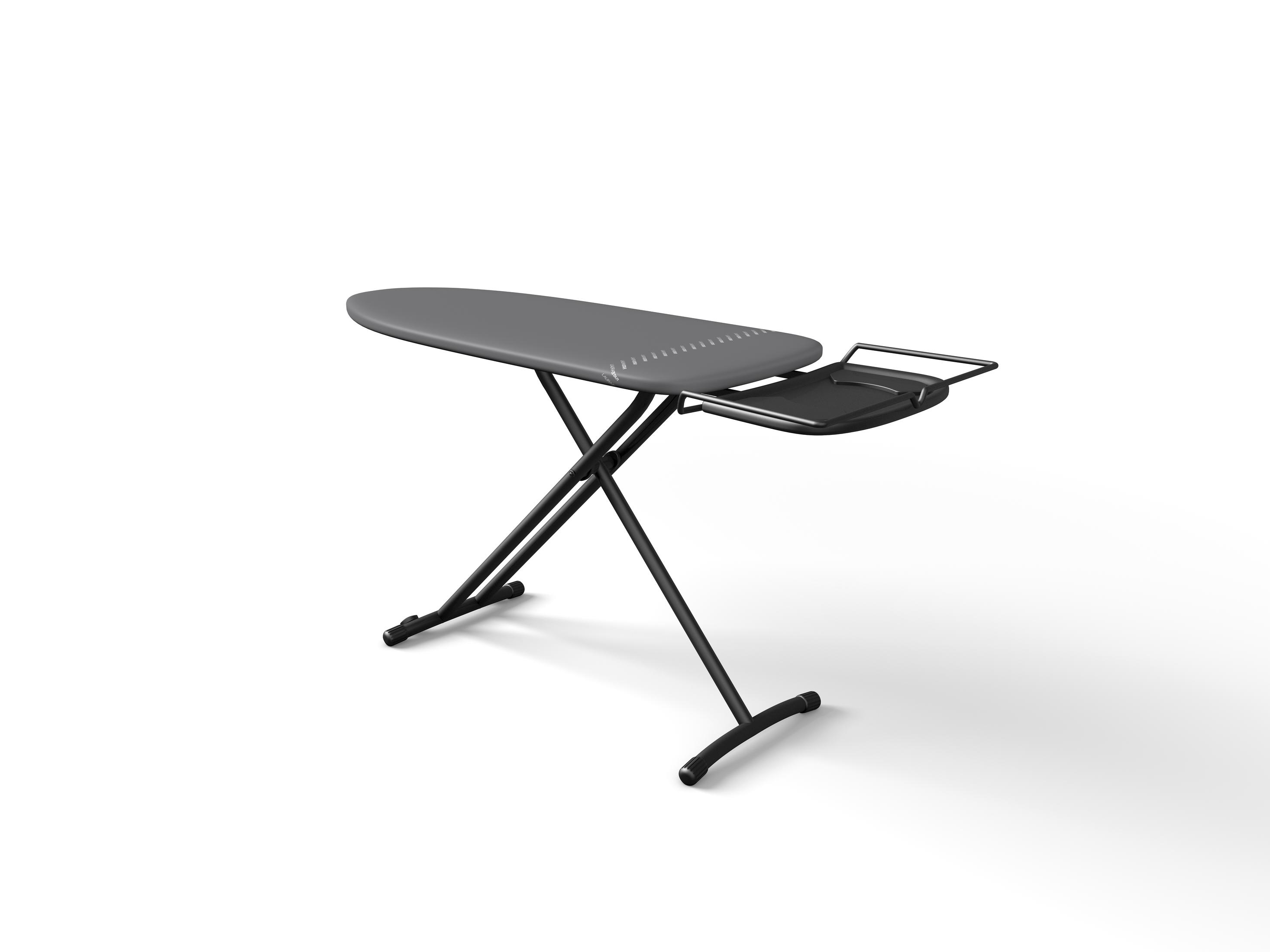 Deska do prasowania. Ma szary blat, czarne nogi i boczne oparcie. Tło jest białe.