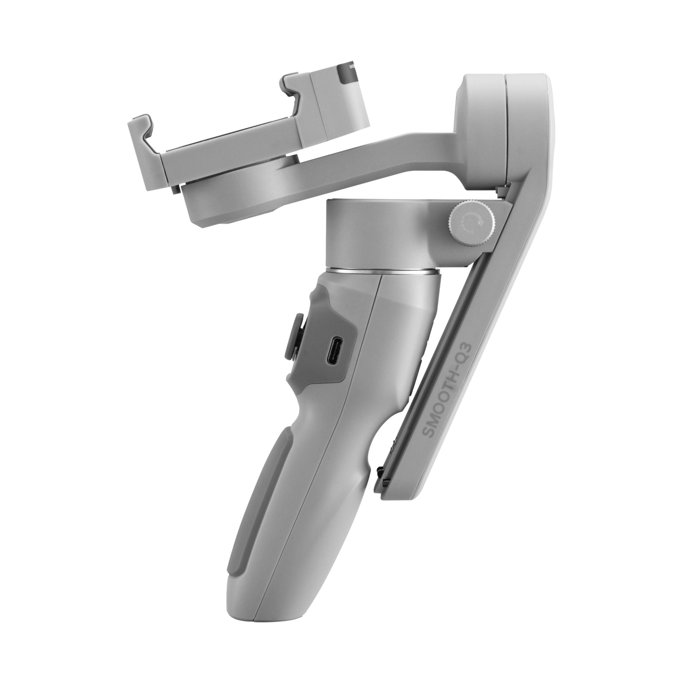 Ein grauer Handheld-Gimbal. Er hat eine Telefonhalterung und einen Griff. Weißer Hintergrund.
