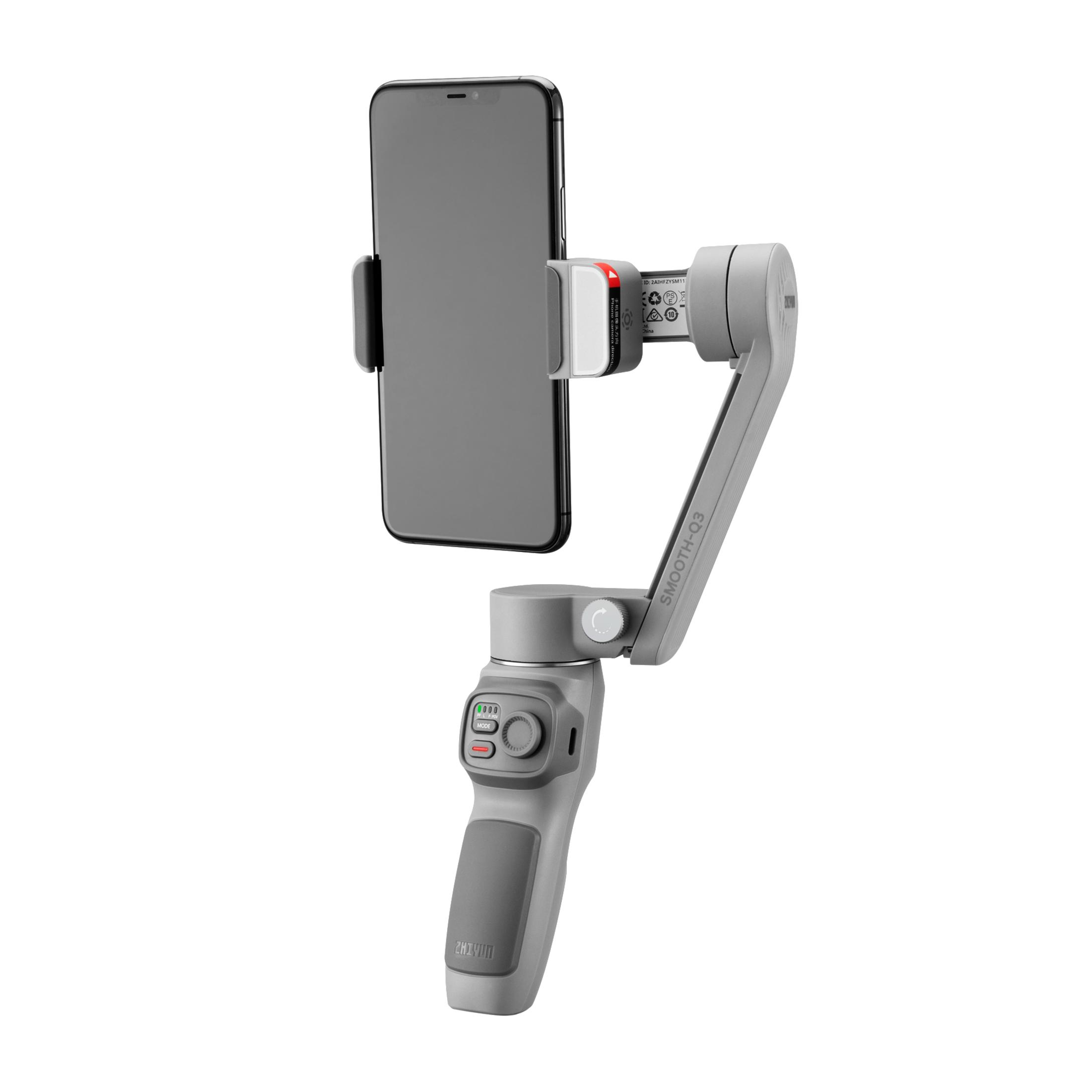 Ein graues Smartphone mit einem Gimbal. Das Smartphone ist auf dem Gimbal montiert.