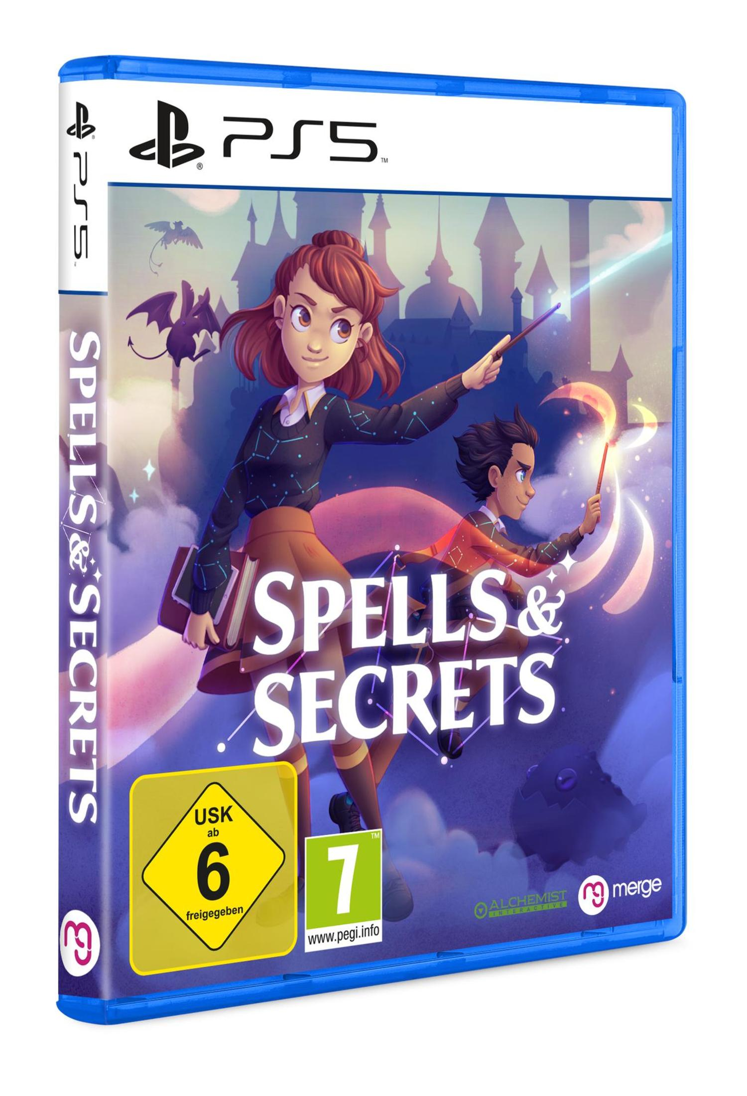 Eine PS5-Spielbox für Spells & Secrets mit zwei Charakteren mit Zauberstäben und einem fantastischen Hintergrund.