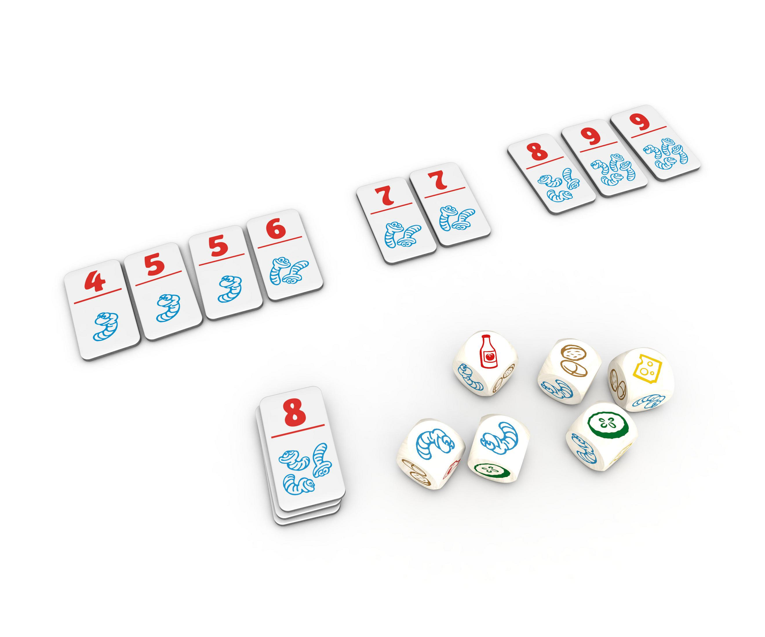 Karten und Würfel mit Zahlen und Würmern. Spielsteine auf weißer Oberfläche verteilt.