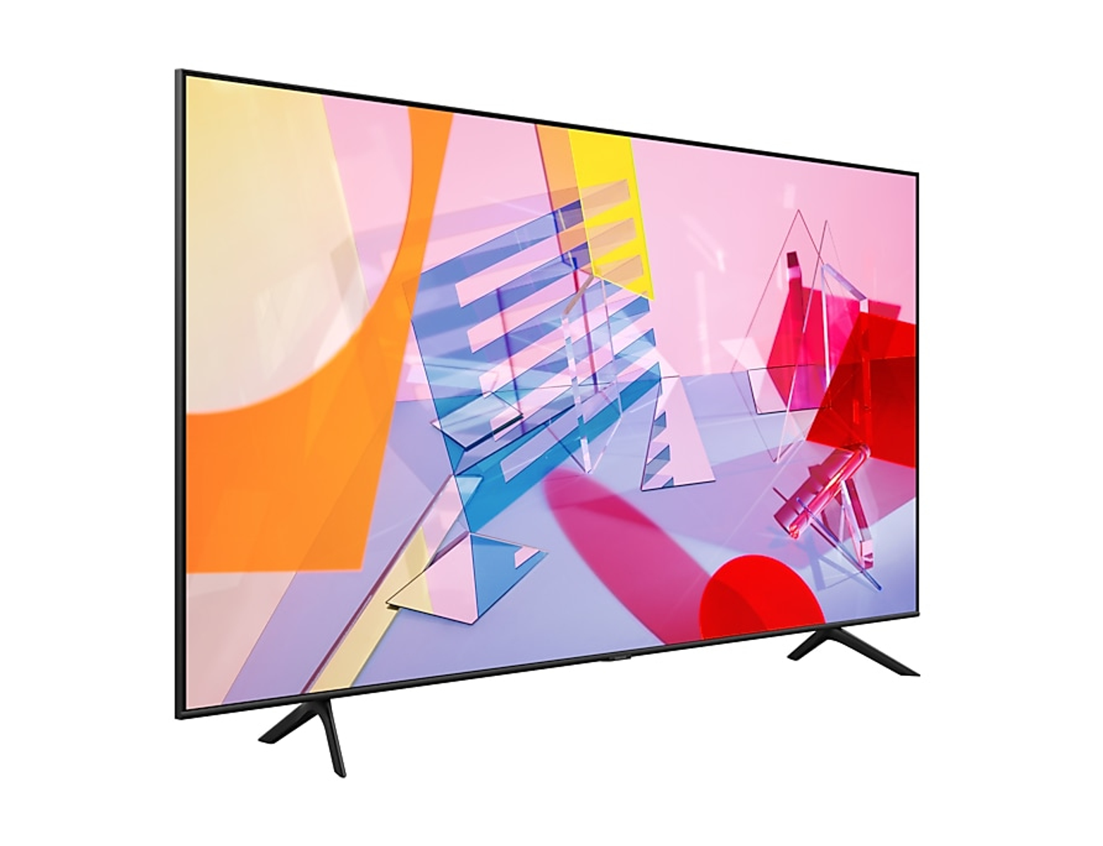 Un televisor con pantalla curva que muestra un patrón colorido. El televisor se apoya en una base plateada curva.
