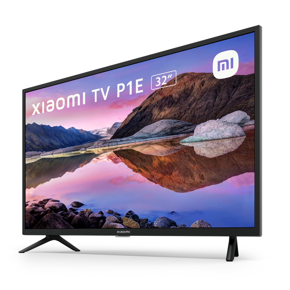 Xiaomi TV P1E 32 inch TV die een berglandschap boven een meer toont.