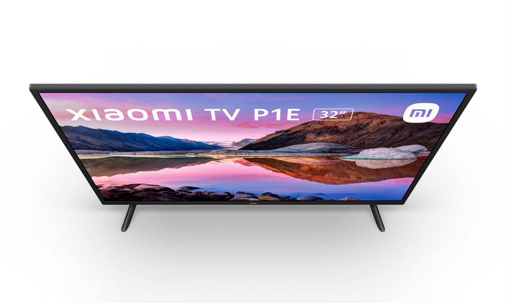 Bovenaanzicht van een Xiaomi tv. Het scherm toont een landschap met water en bergen.