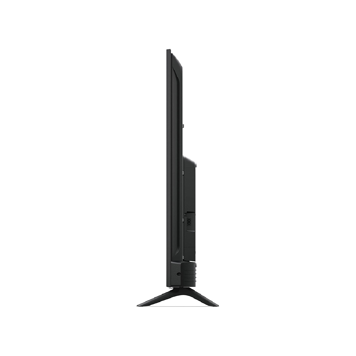 Een tv, van opzij bekeken, met zijn slanke profiel en standaard.