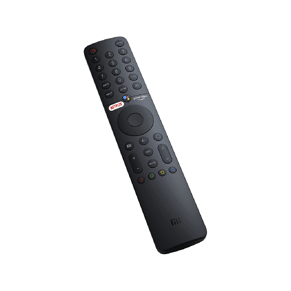 Een zwarte Xiaomi tv-afstandsbediening met diverse knoppen, waaronder Netflix en Prime Video.