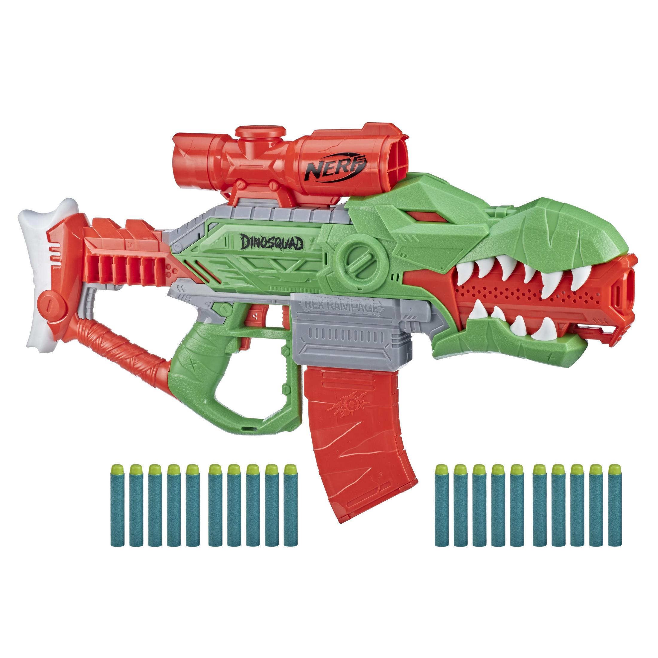Zabawka blaster Nerf DinoSquad Rex Rampage z amunicją, w kolorach czerwonym, zielonym i szarym.