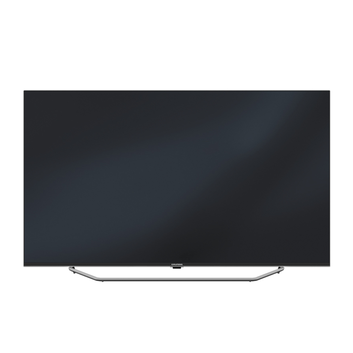 Pantalla de TV negra con marco plateado sobre fondo blanco. La pantalla está encendida.