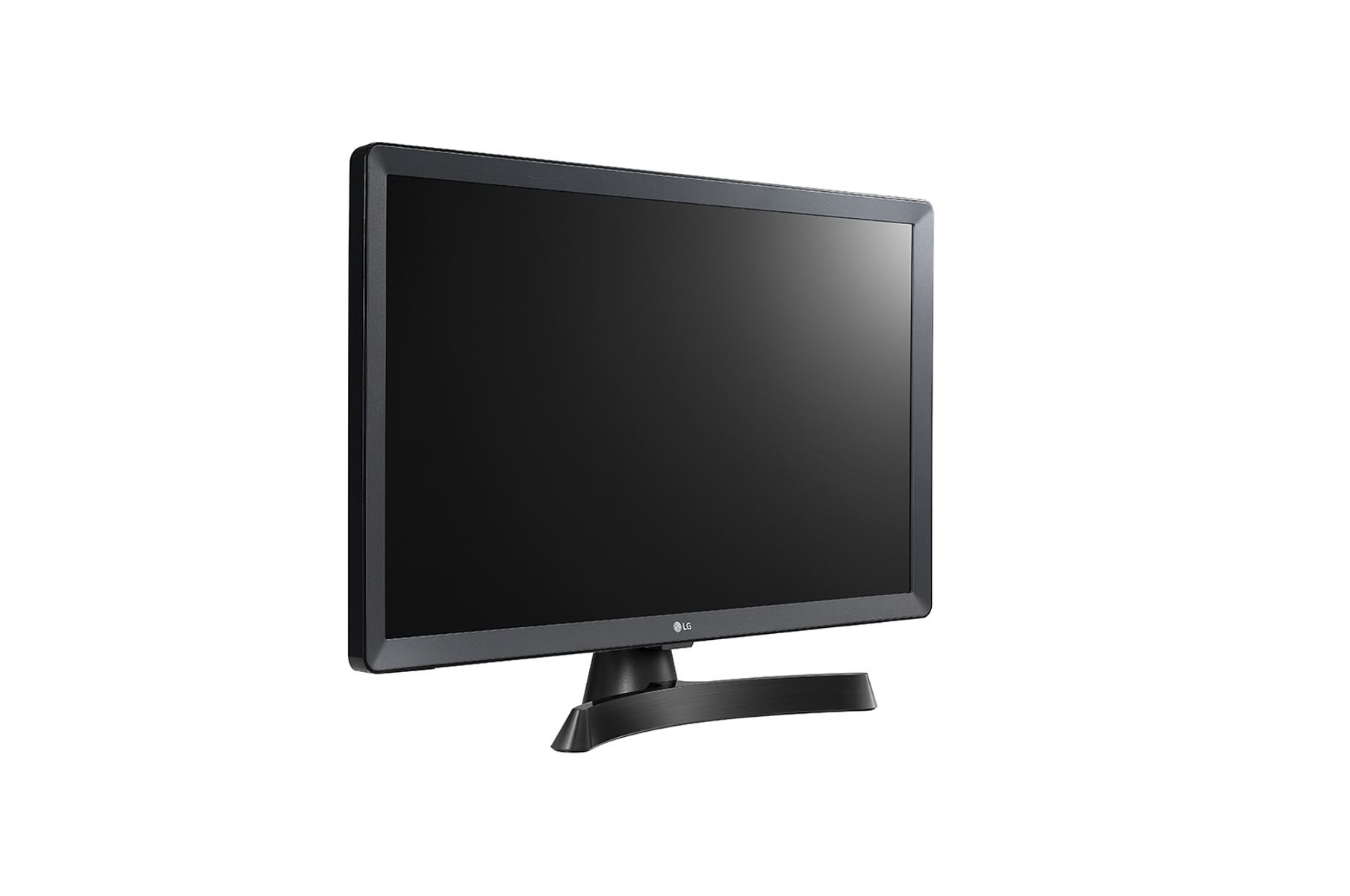 TV LG con schermo nero e supporto nero, angolato a destra.
