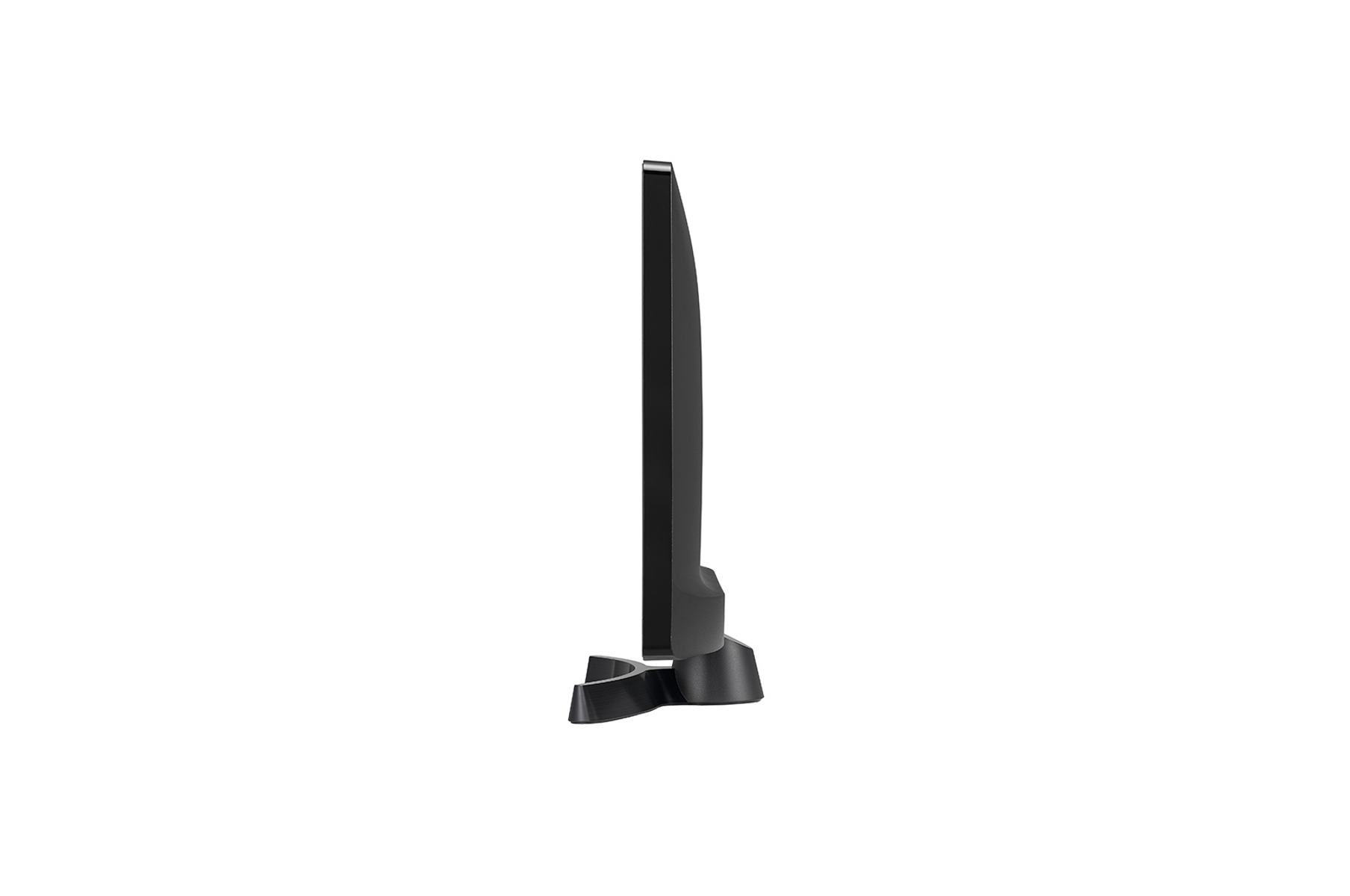 Vista laterale di una TV nera. È sottile, con un supporto nero, su sfondo bianco.