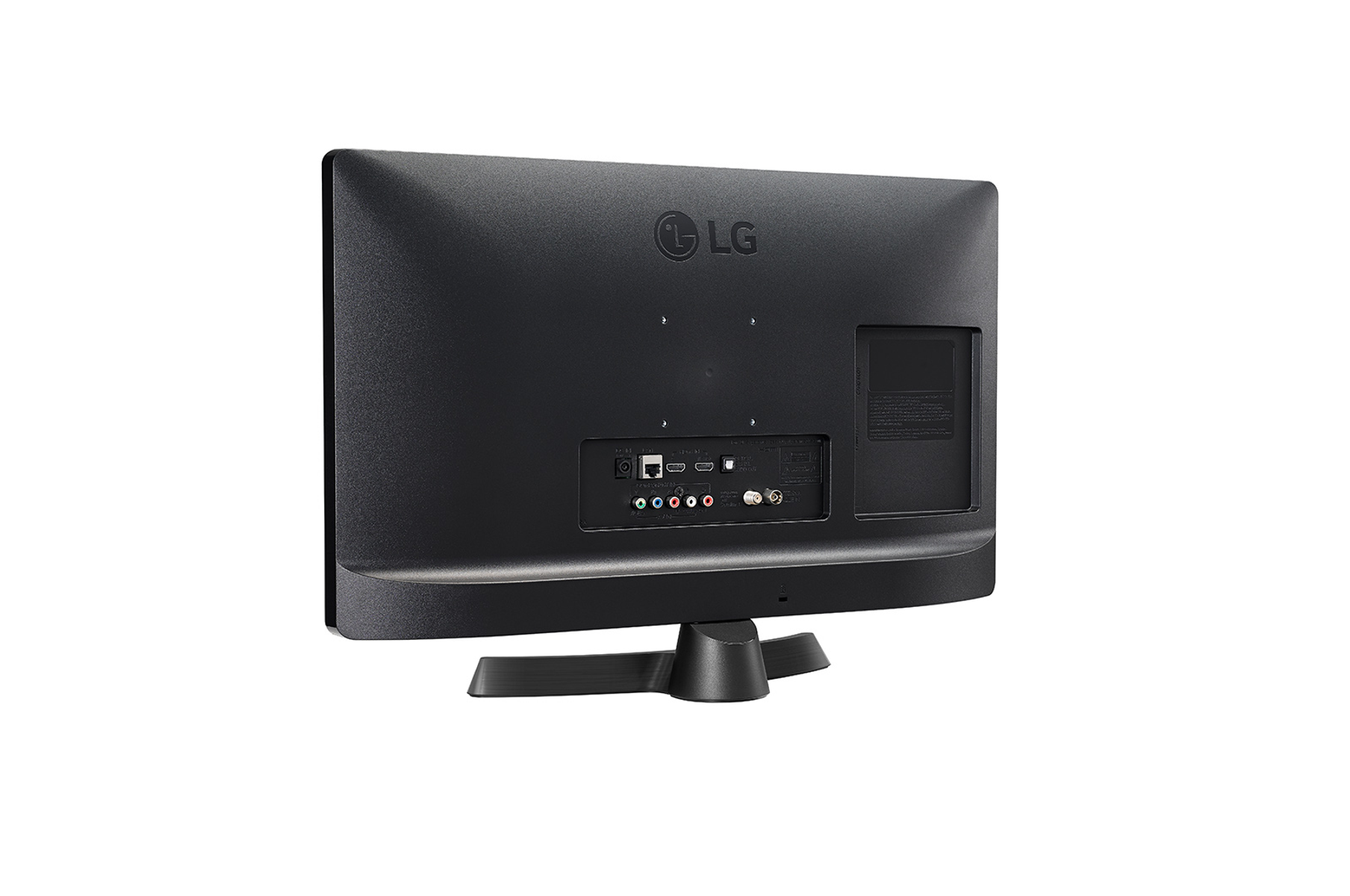 Il retro di un televisore LG nero mostra le porte e il logo LG.
