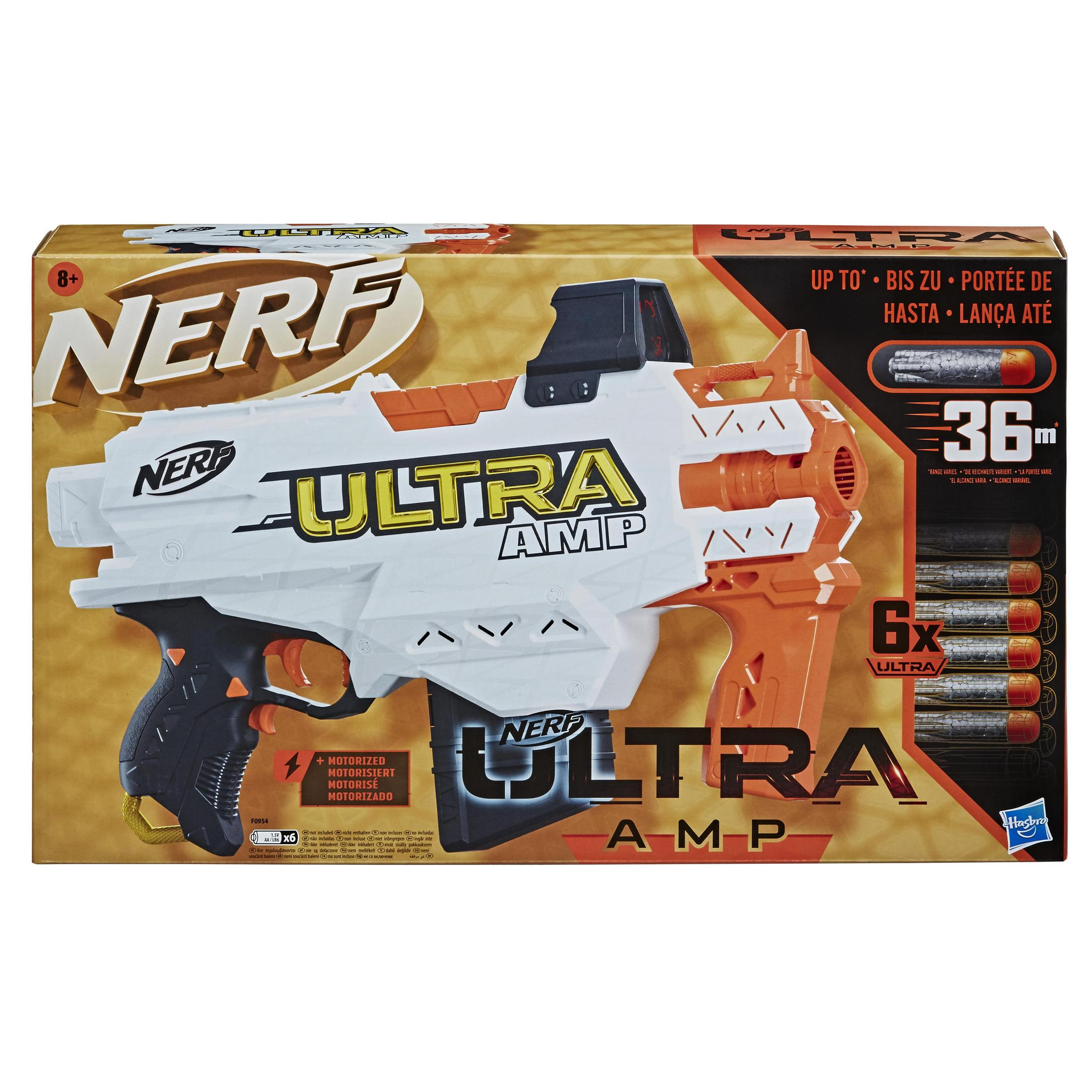 Blaster Nerf Ultra AMP in confezione bianca e arancione.