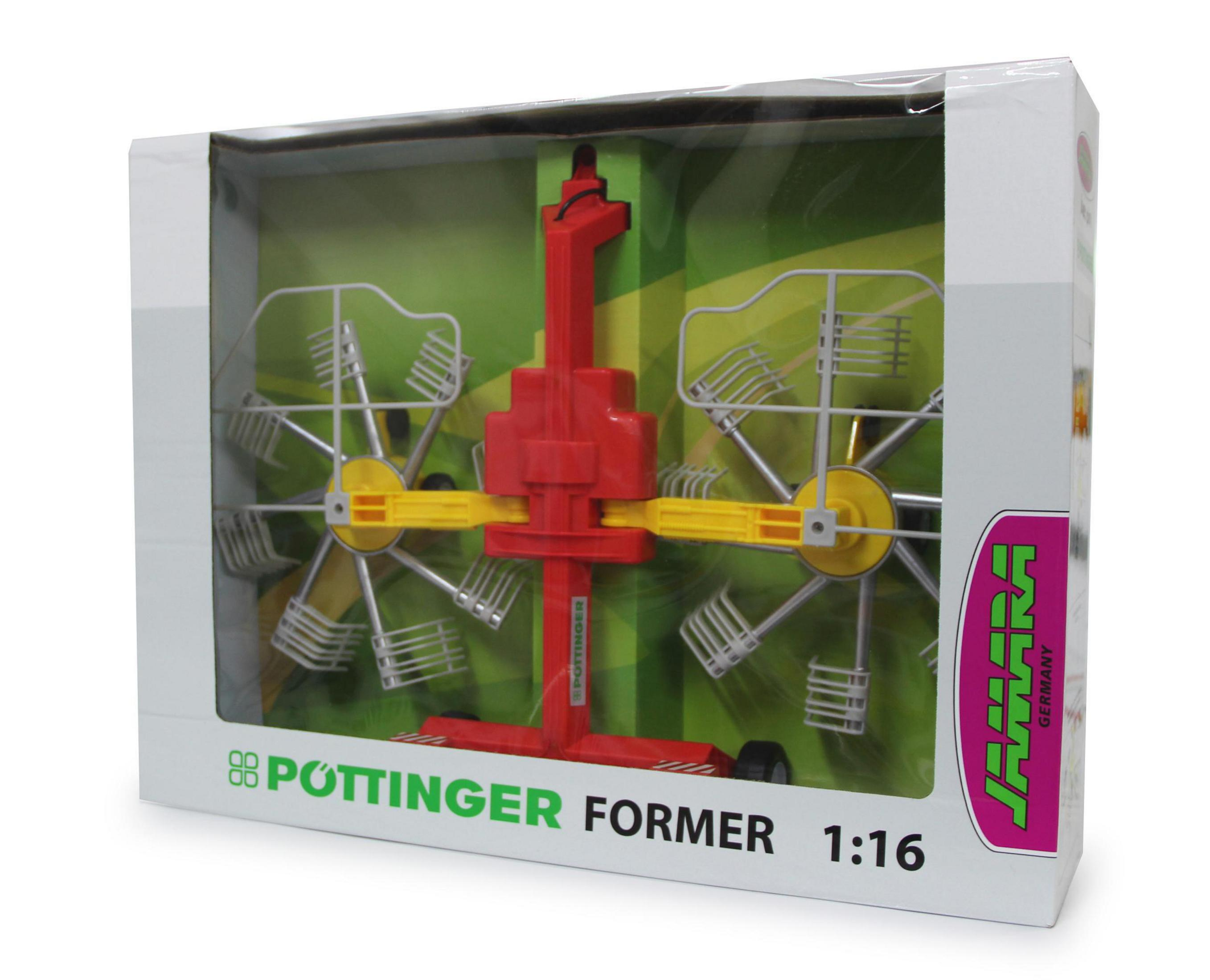Spielzeugmodell eines roten und gelben landwirtschaftlichen Geräts in einer Box. Die Box hat das Markenlogo.