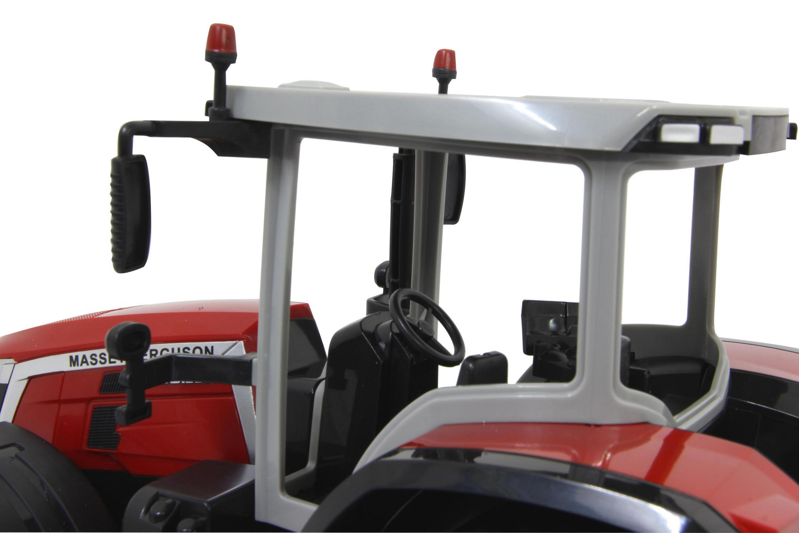 Rotes Massey Ferguson Traktorkabine, mit roten Lichtern oben, schwarzem Innenraum und weißem Hintergrund.