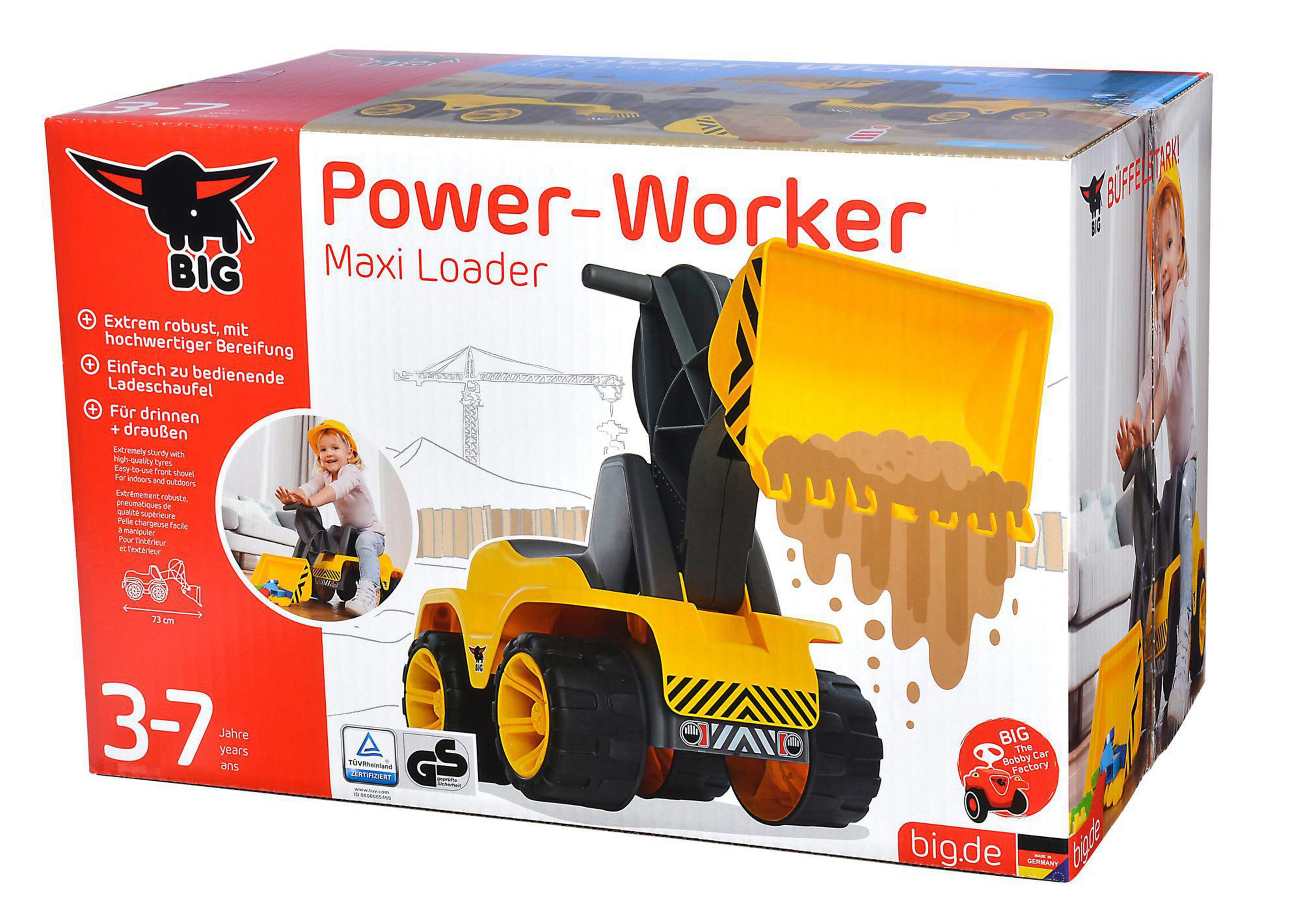 Zabawka Power-Worker Maxi Loader. Żółta i czarna koparka zabawka z dzieckiem na pudełku.