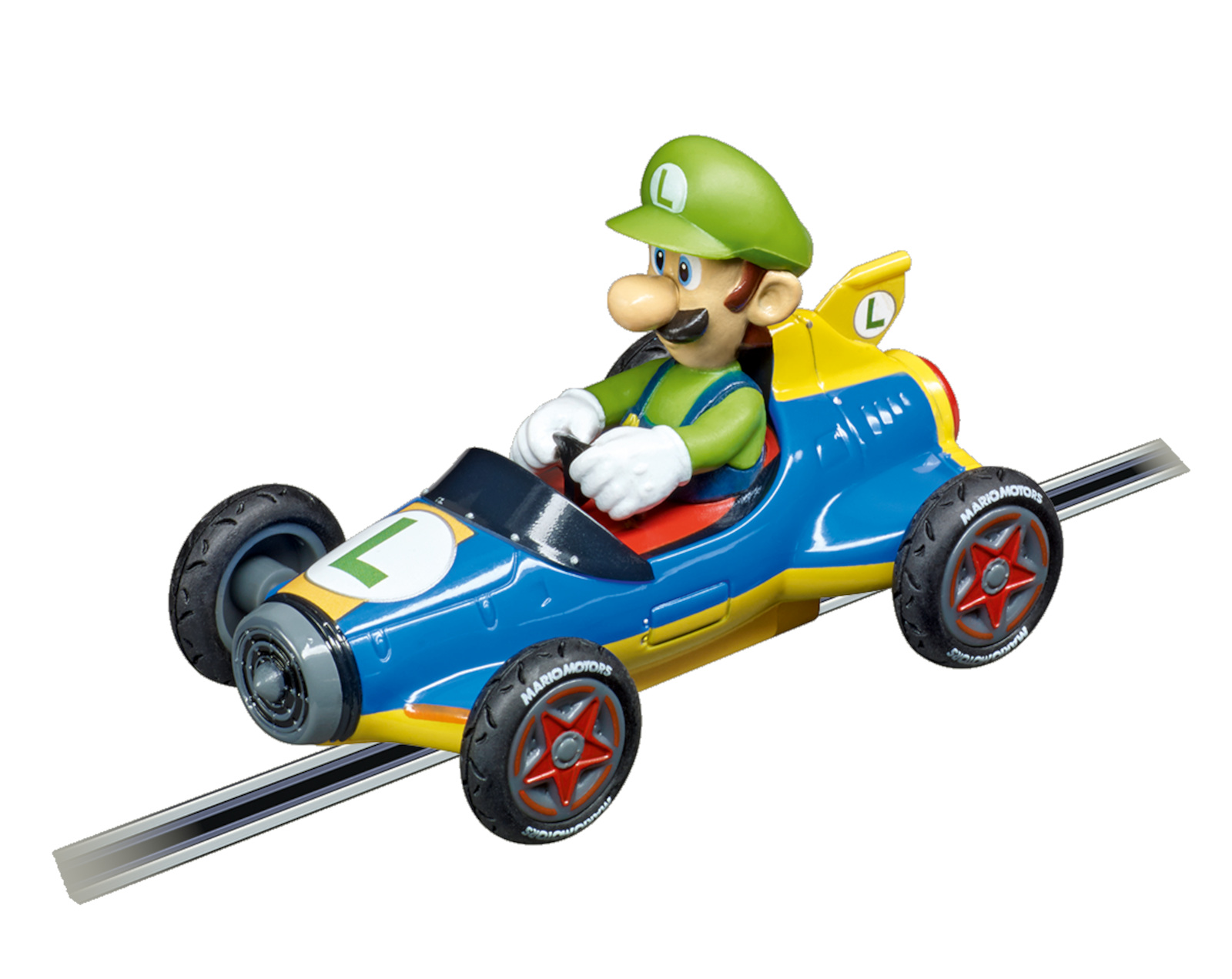 Figura de Luigi en un coche de carreras azul y amarillo con una gran L en la parte delantera, conduciendo.