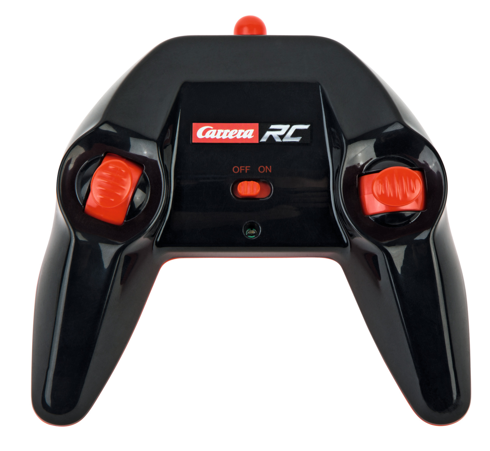 Eine schwarze Carrera RC Fernbedienung mit roten Knöpfen und roter Betriebsanzeige.