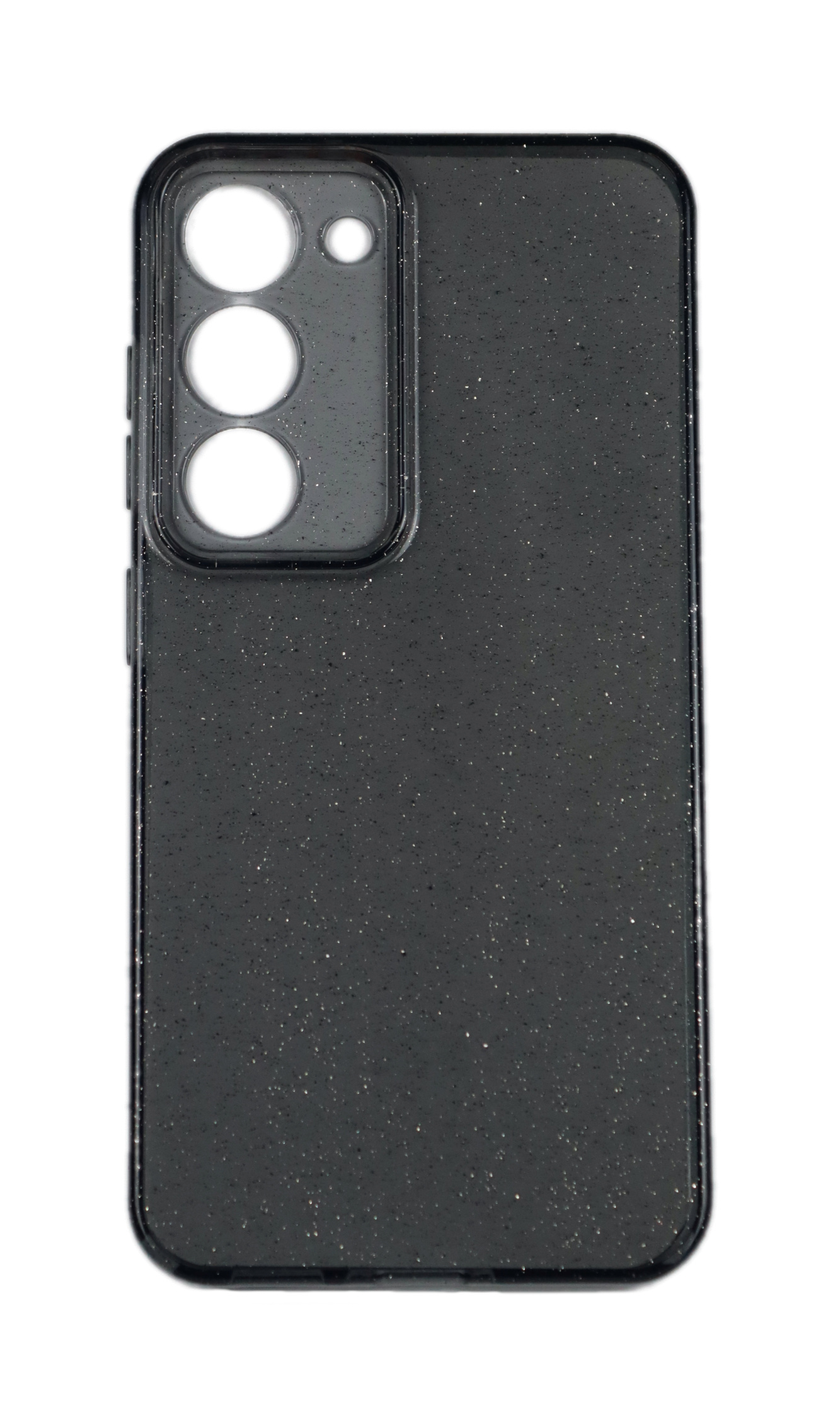 Eine schwarze Handyhülle mit drei Kameraausschnitten und Glitzer-Finish. Die Hülle bedeckt die Rückseite.