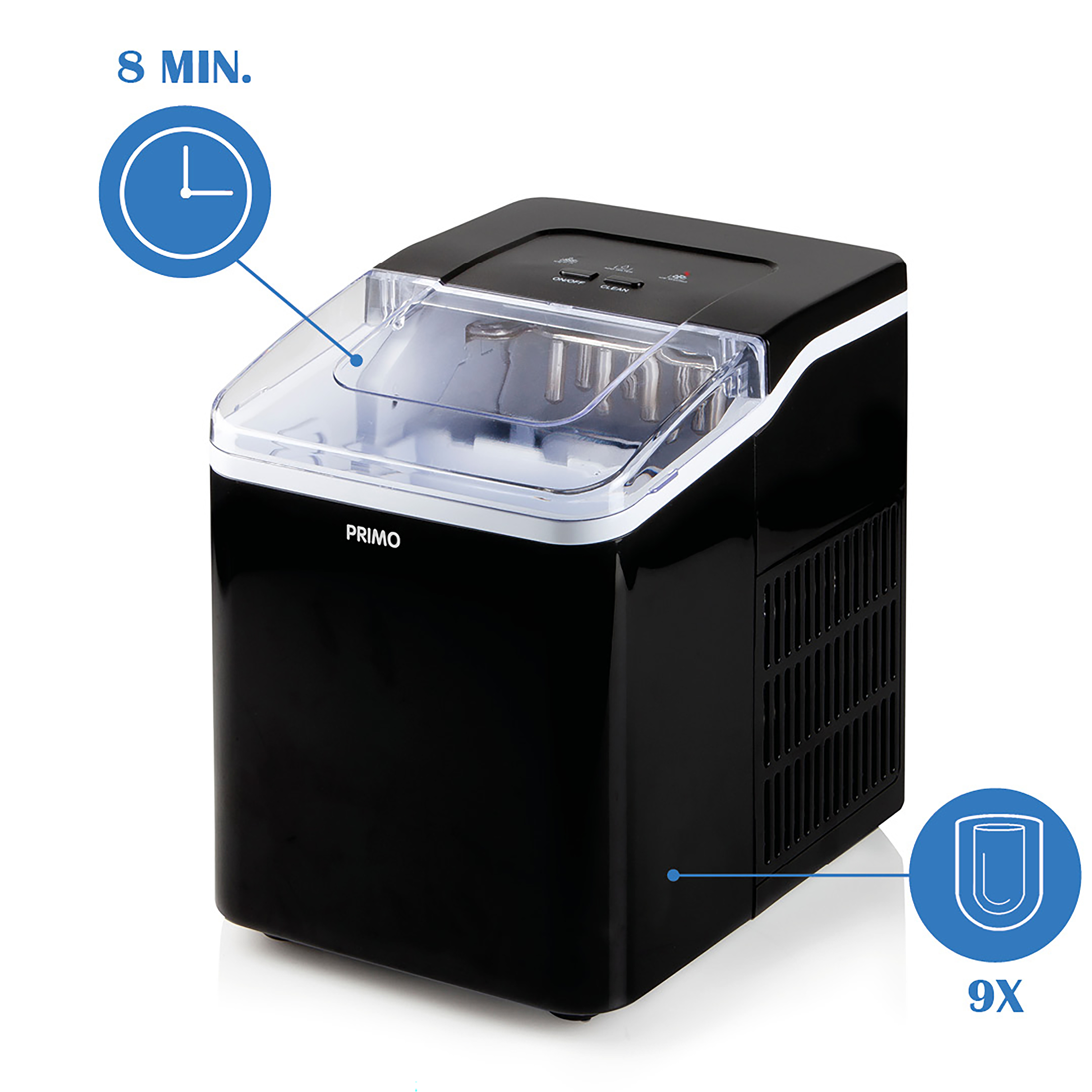 Black ice maker with a clear top, and an 8 min. timer, and a 9X ice cube icon.