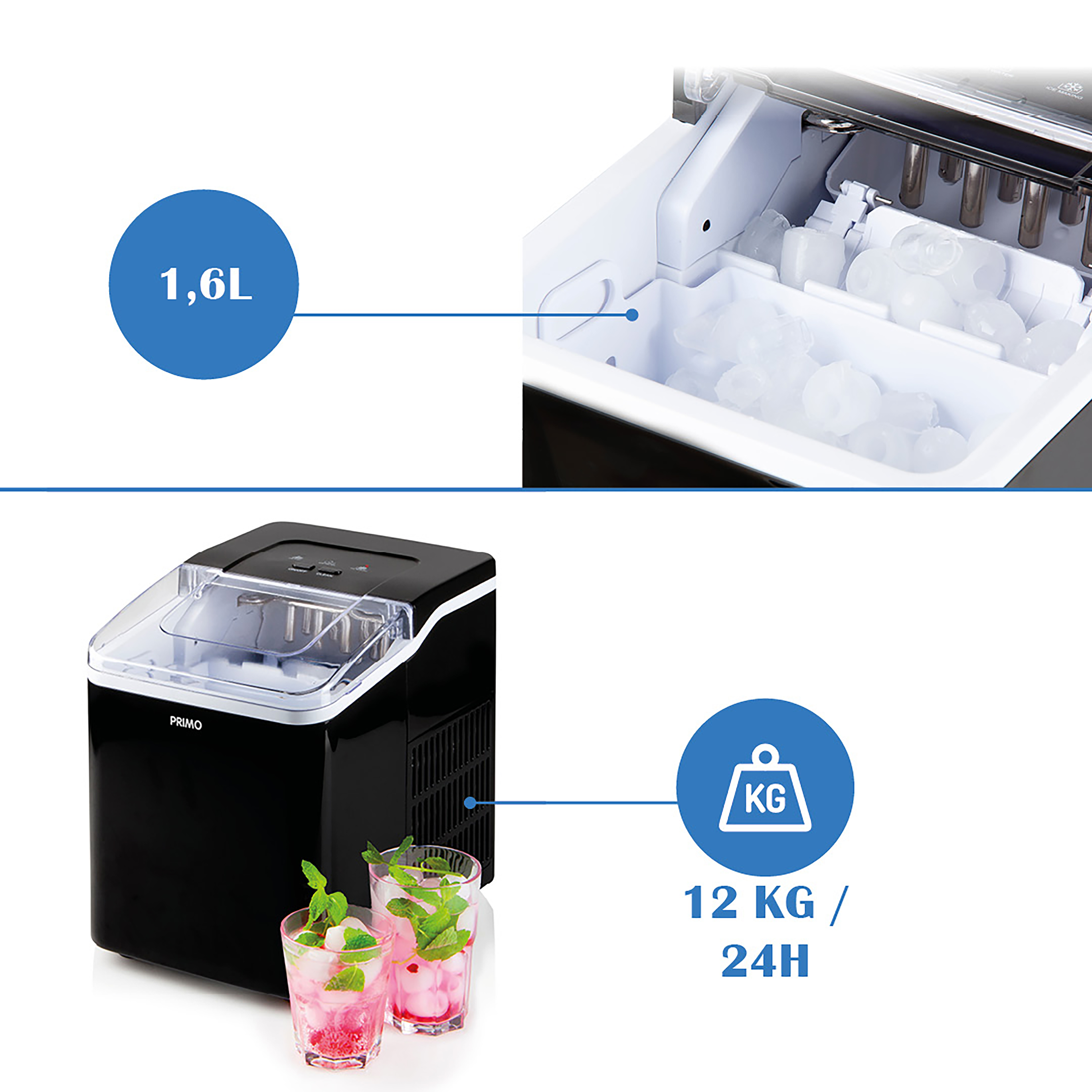 An ice machine with ice and two drinks with mint in glasses. The machine is black.