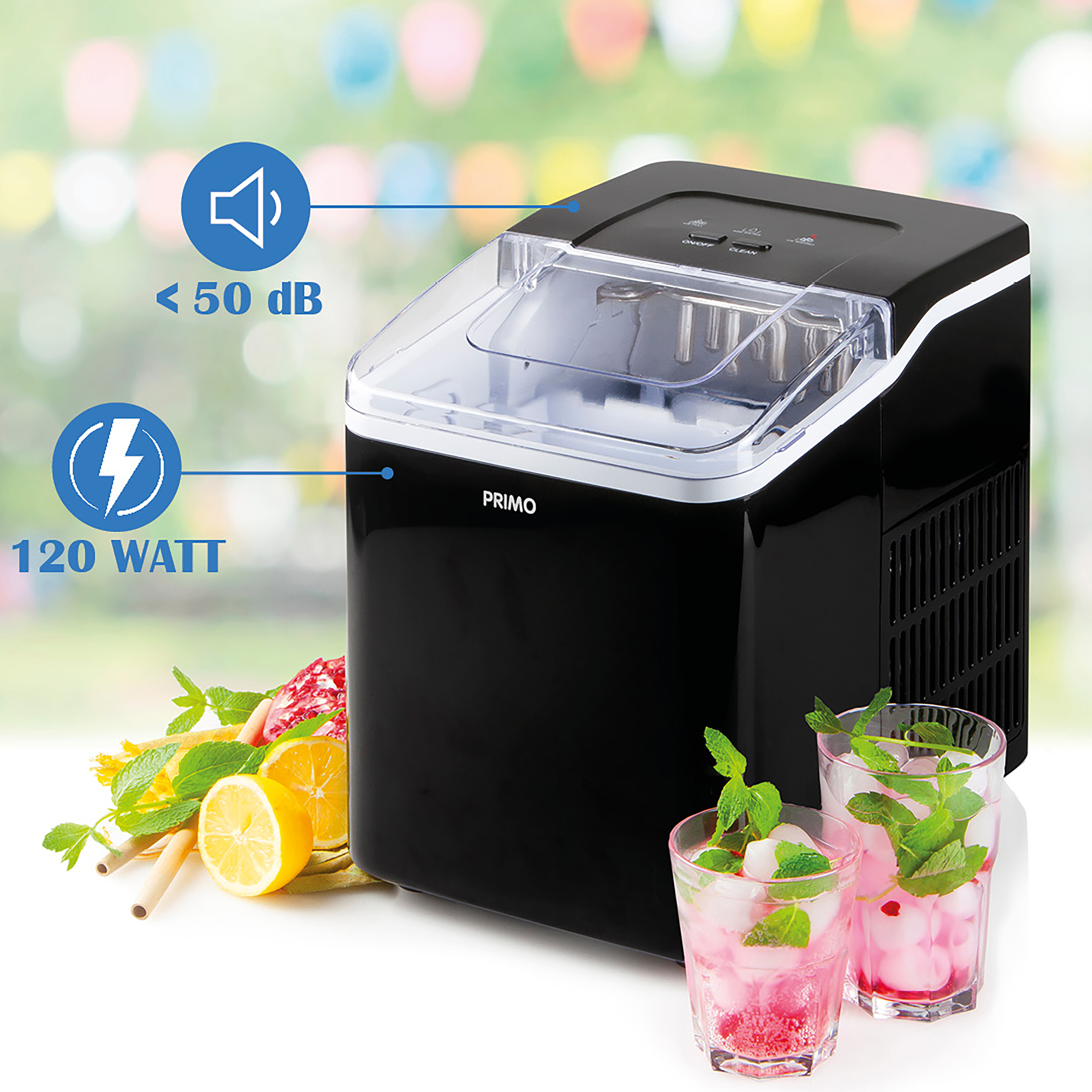 Black ice maker machine with lemons, mint, and drinks. Text labels: <lt/> 50 dB, 120 watt. Blurred background.