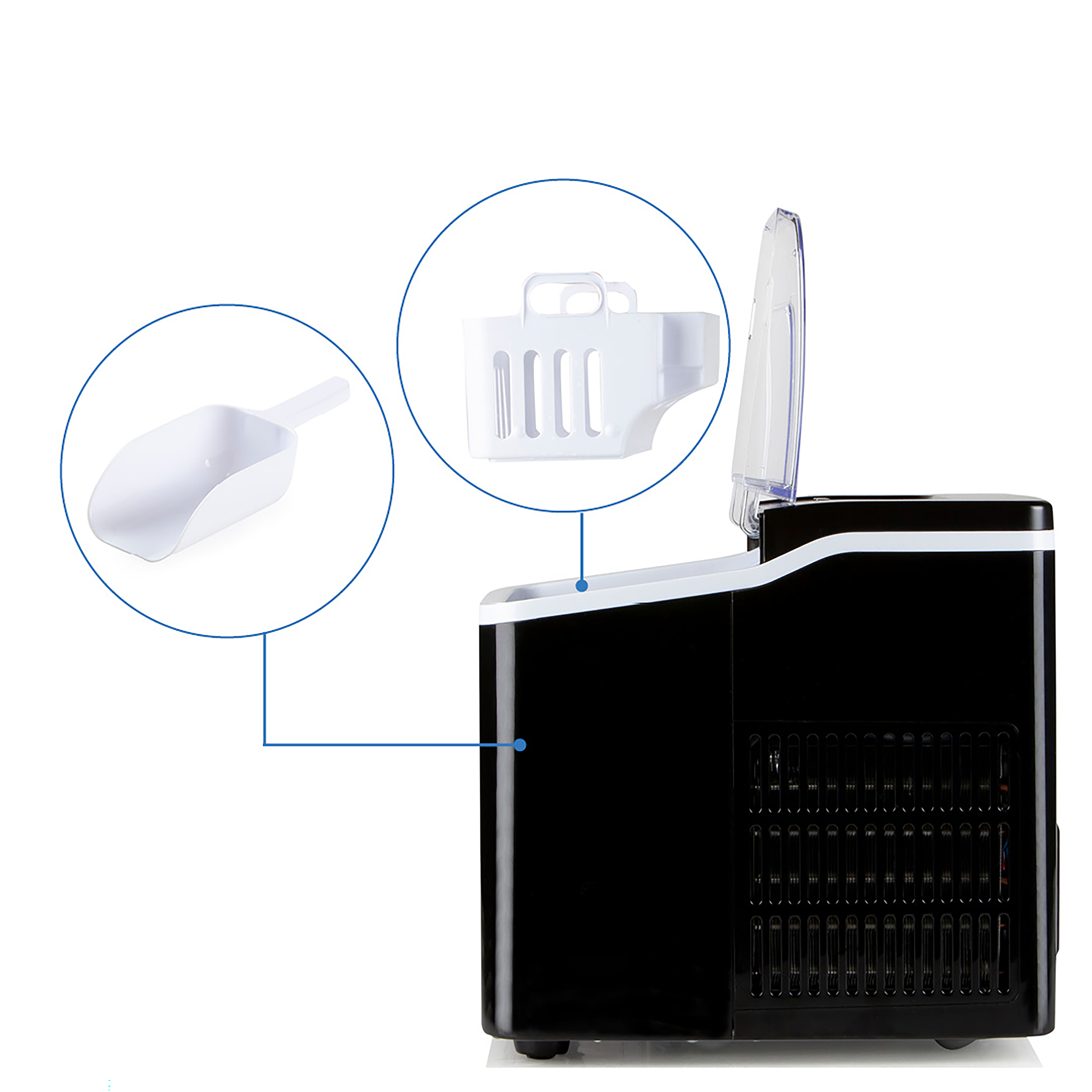 A black ice maker with a scoop and ice basket, with arrows pointing to them.