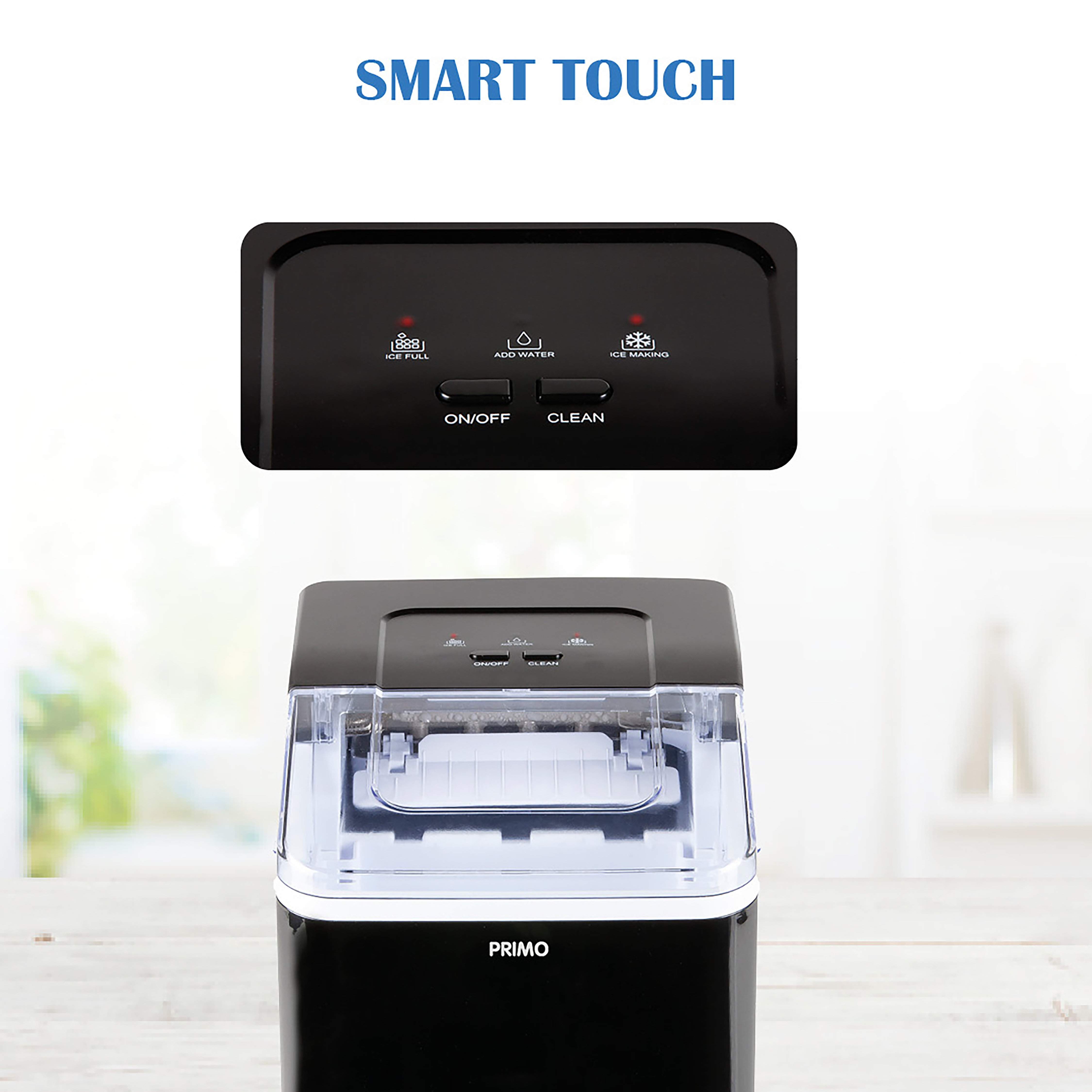 Black ice maker with touch control panel, power and ice full indicators. White background.