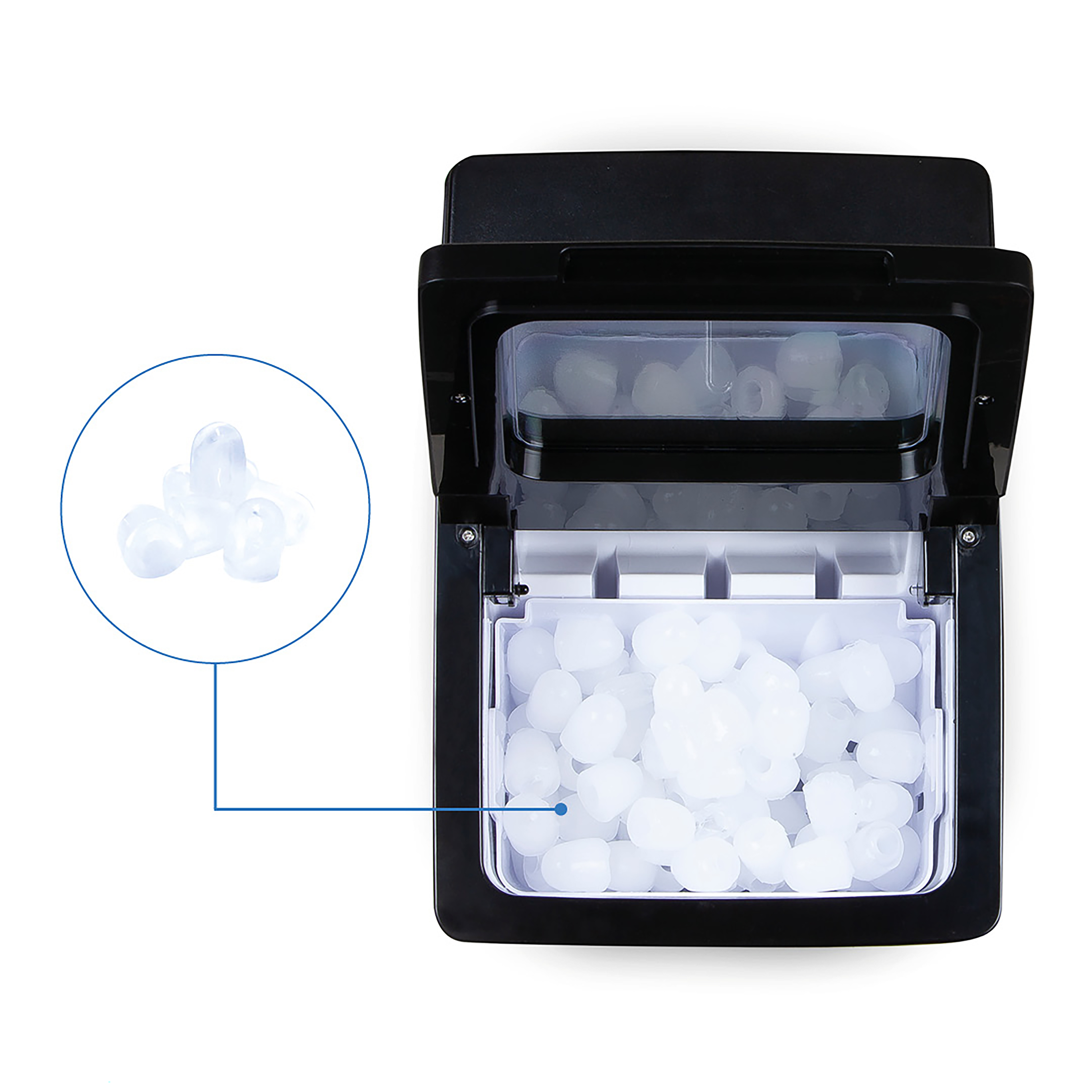 Ice machine, open with ice cubes inside. A close up of some ice cubes on the left.