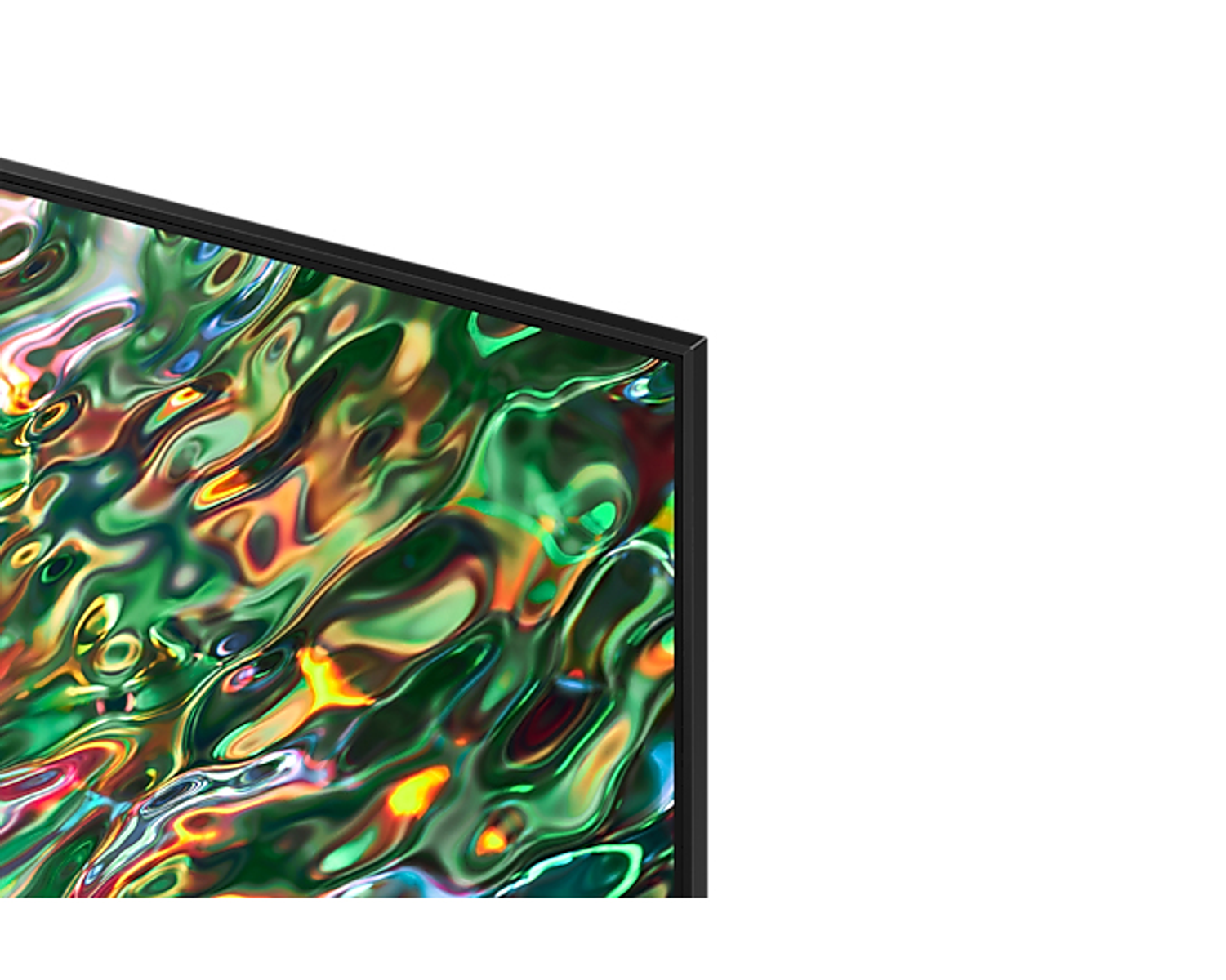 Zbliżenie na róg telewizora z czarną ramką i kolorowym abstrakcyjnym wzorem na ekranie.