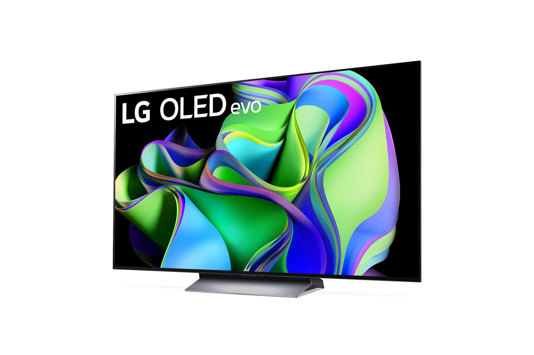 Nowoczesny telewizor LG OLED evo, z zakrzywionym ekranem wyświetlającym kolorowe, abstrakcyjne wzory.