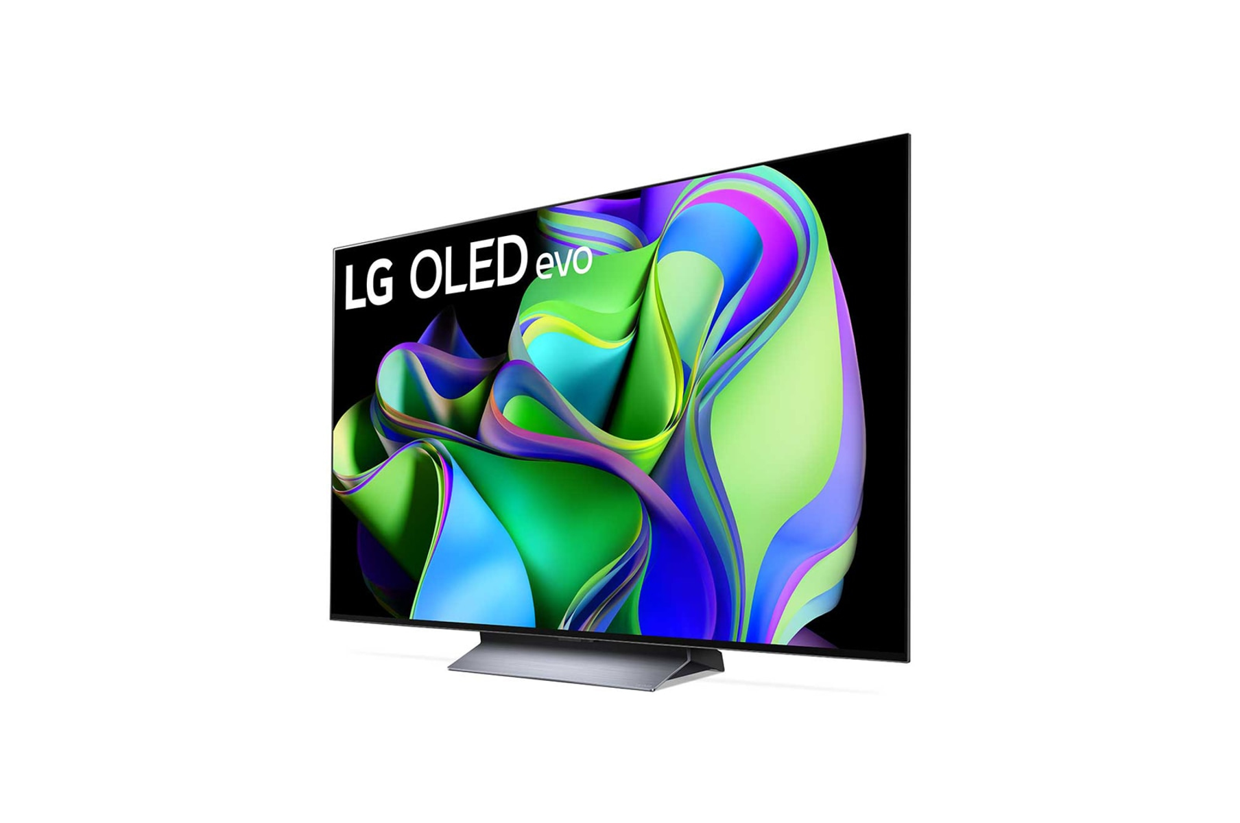 Telewizor LG OLED evo wyświetlający kolorową, abstrakcyjną grafikę na ekranie.