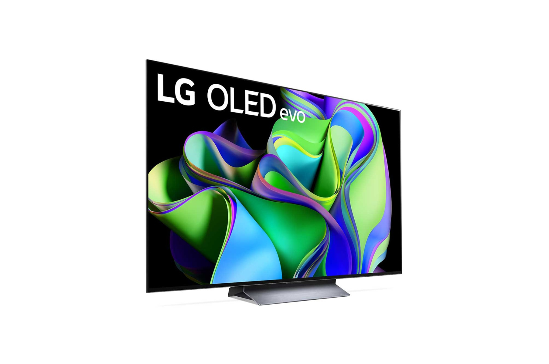 Ekran telewizora z kolorowym abstrakcyjnym tłem i logo LG OLED evo.