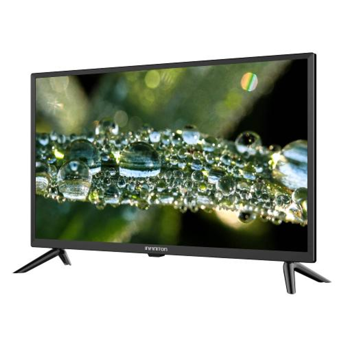 Una pantalla de TV muestra gotas de agua con un arcoíris verde y amarillo.