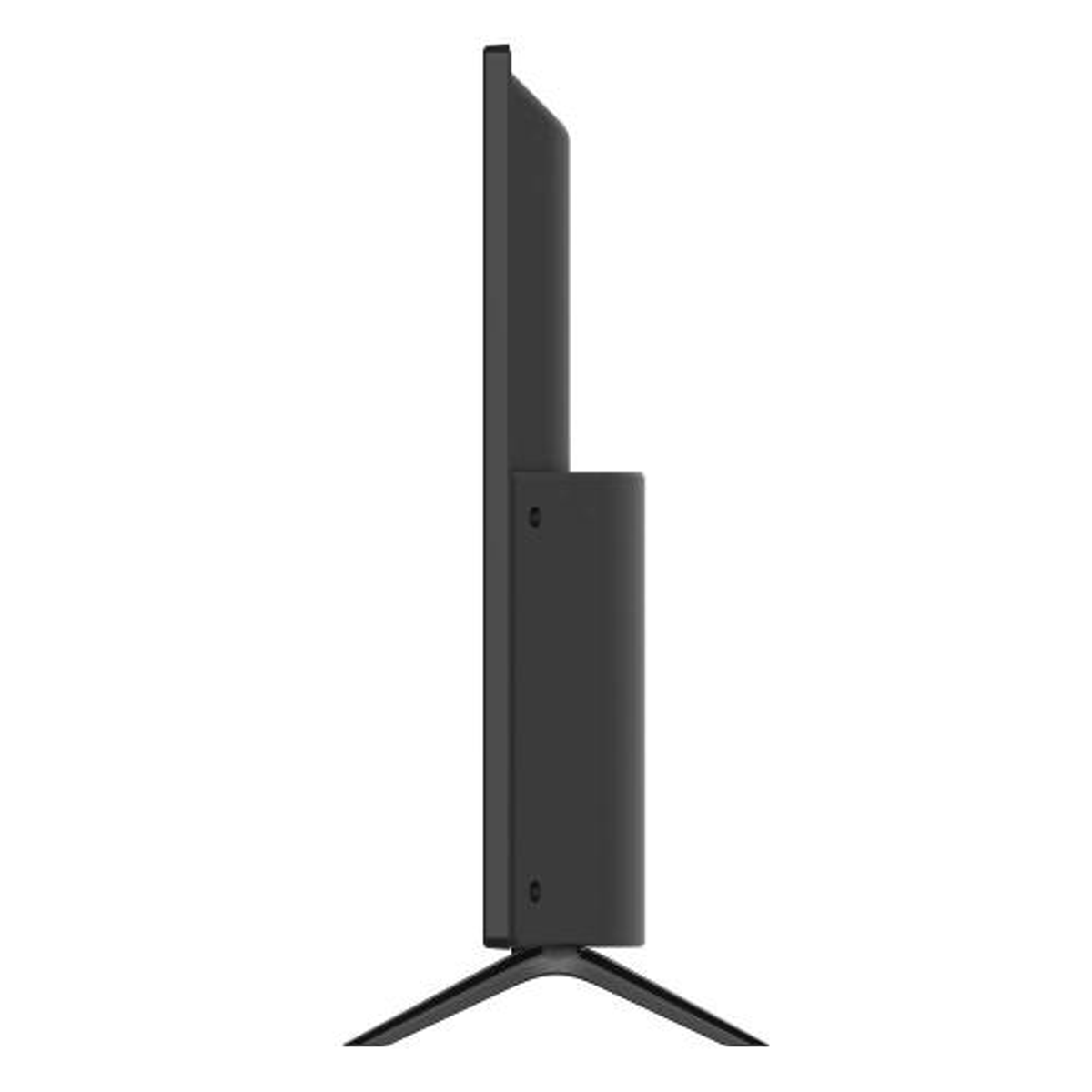 Vista lateral de un televisor negro con soporte. El televisor es delgado y rectangular.