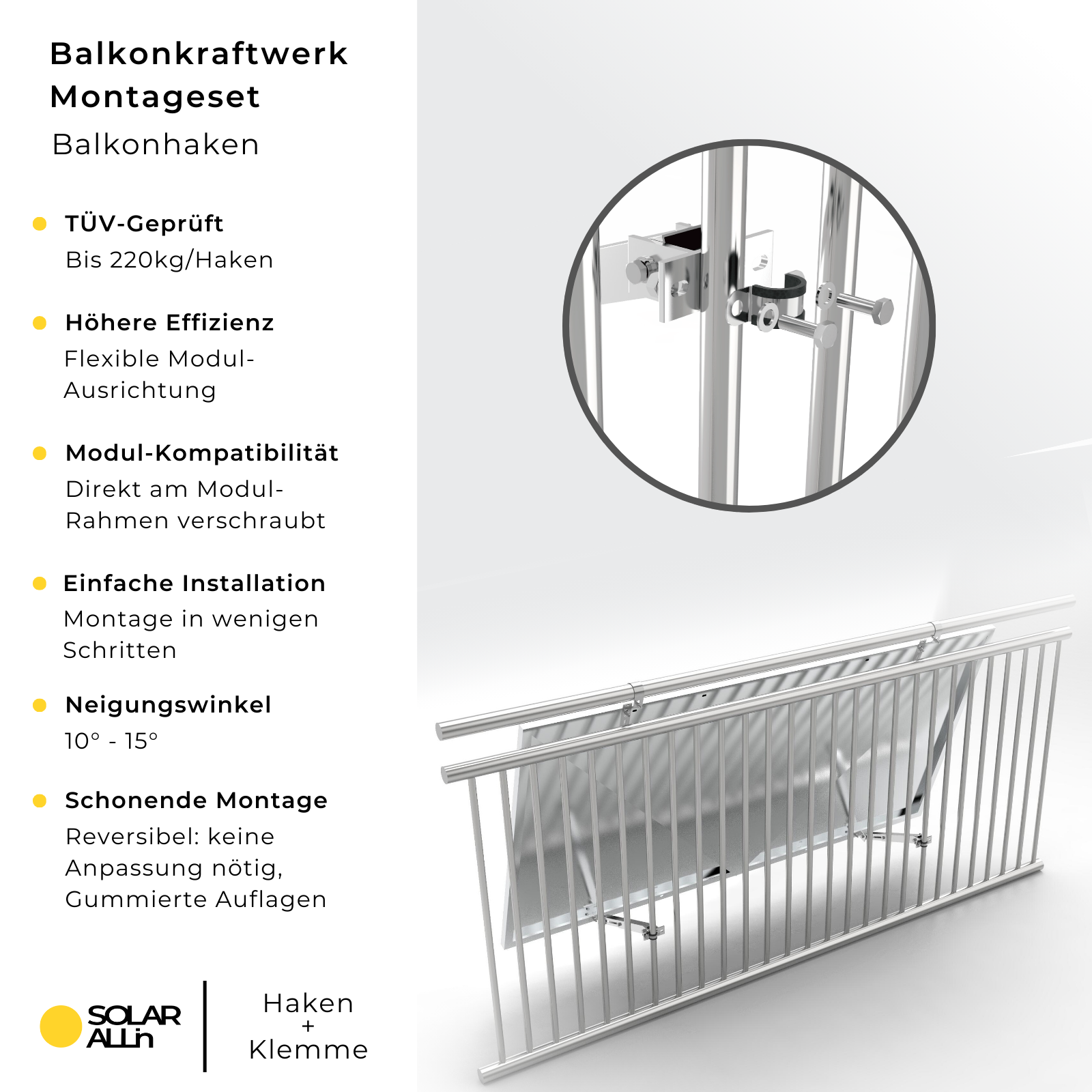 Balkongeländer aus Edelstahl mit Befestigungsmaterial, Diagramm und Text.