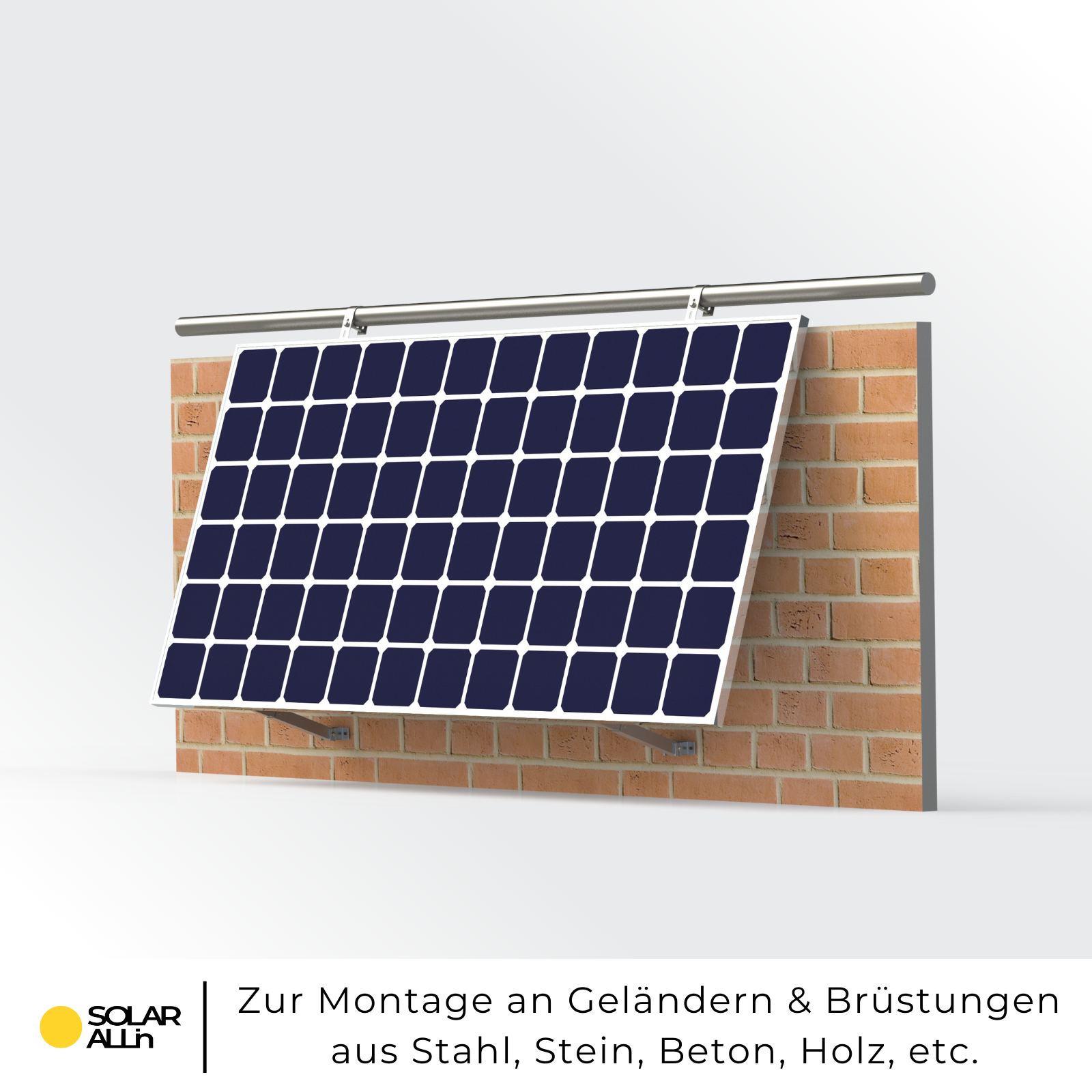 Solarpanel an einer Ziegelmauer mit Metallschiene befestigt. Sauberes und modernes Design.