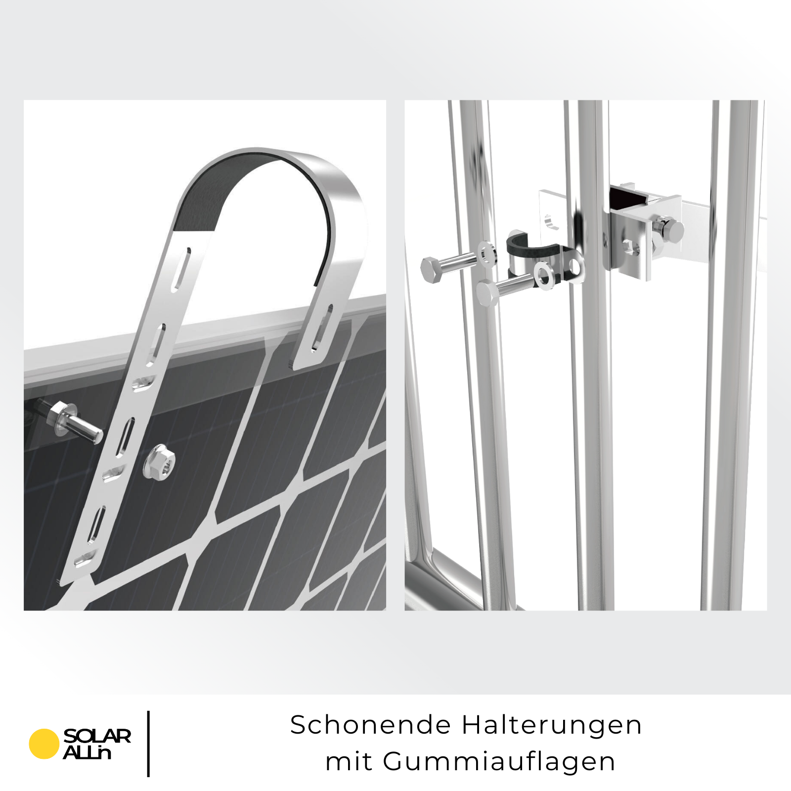 Detail der Solarpanelhalterung. Panel wird mit gebogenem Metallstück und Schrauben befestigt.