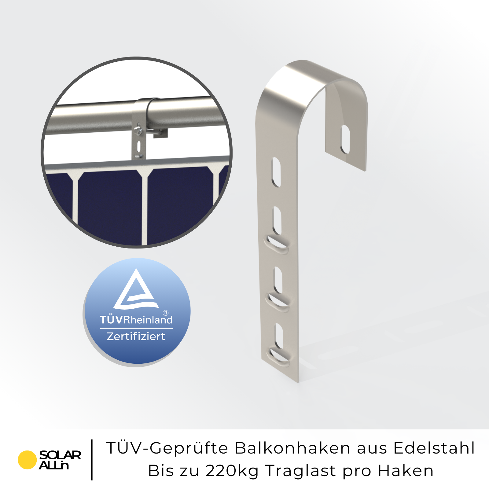 Eine Metallhalterung für Sonnenkollektoren mit blauem Logo und Text auf weißem Hintergrund.