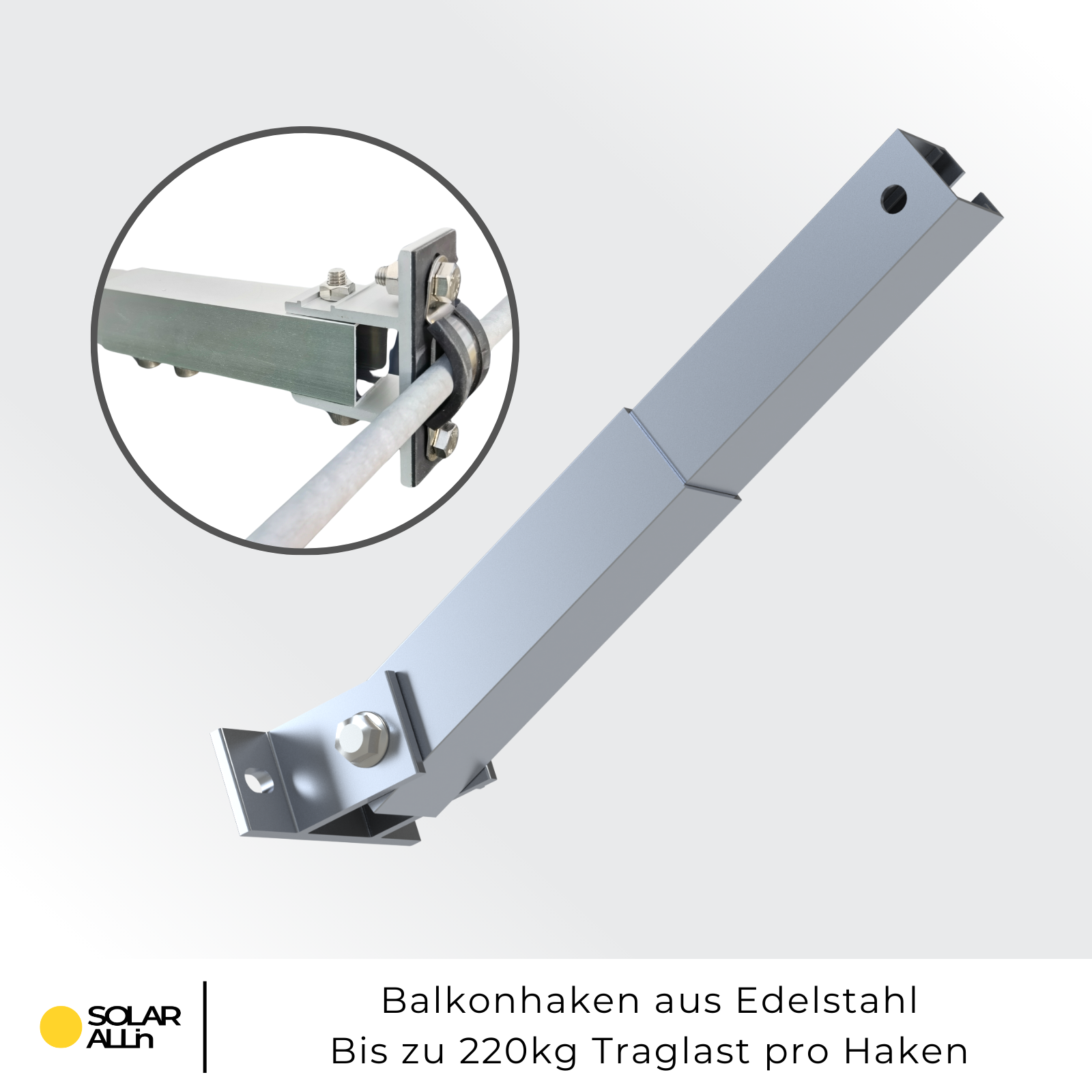 Eine Metallhalterung mit Nahaufnahme des Gelenks, neben Text und einem Logo.