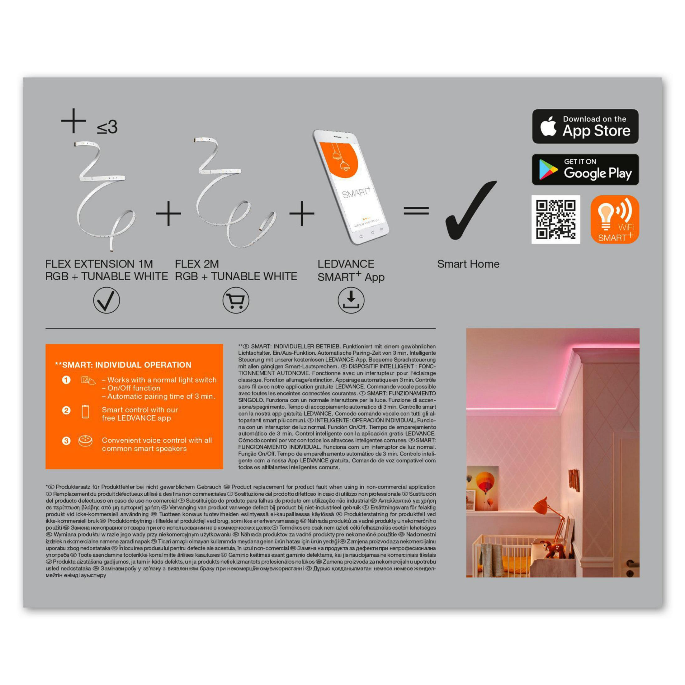 Komponenty konfiguracji inteligentnego domu: oświetlenie LEDVANCE, przedłużenie flex i interfejs aplikacji, z tekstem.